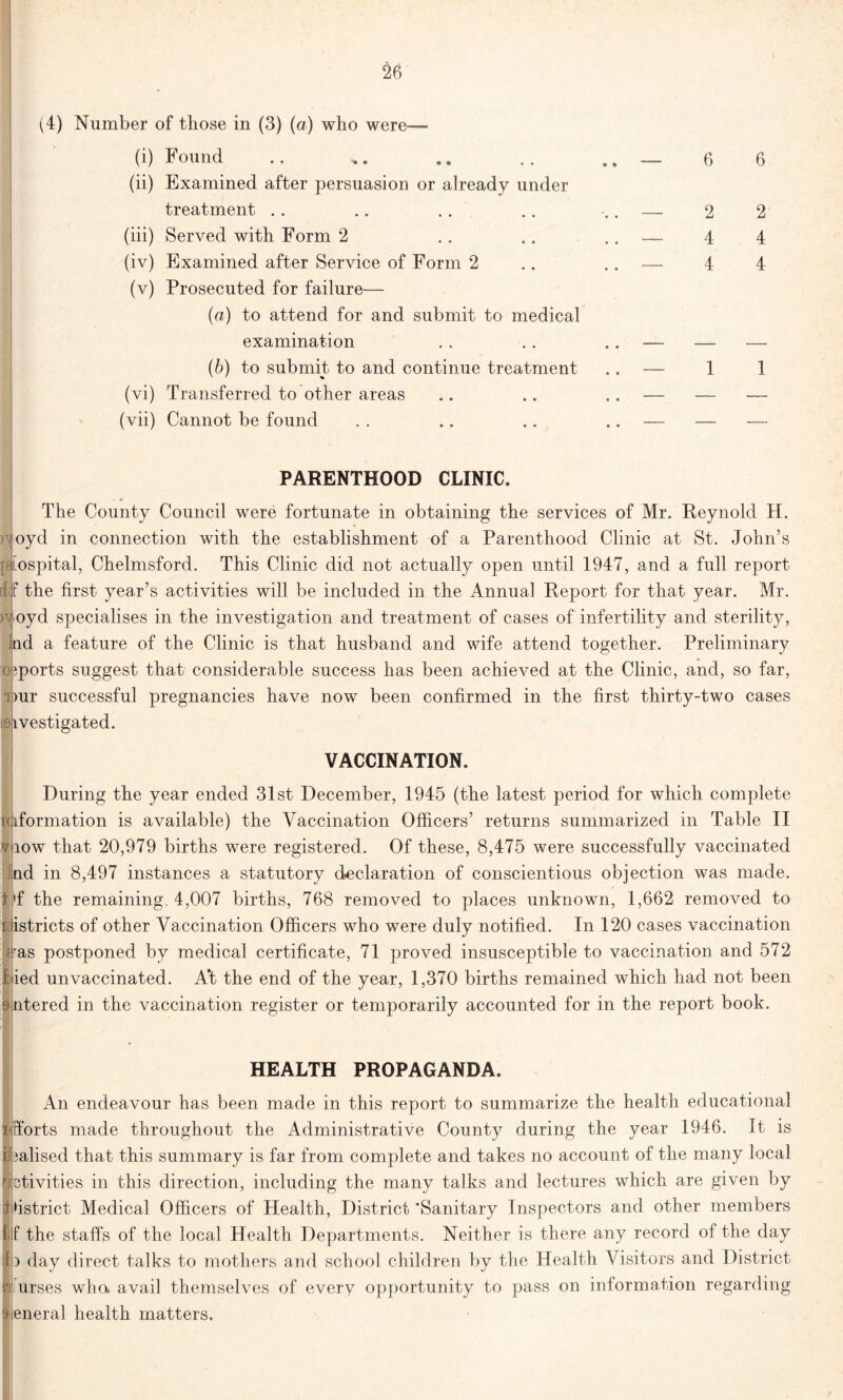 26 (4) Number of those in (3) (a) who were—■ (i) Found (ii) Examined after persuasion or already under treatment (iii) Served with Form 2 . . ... (iv) Examined after Service of Form 2 (v) Prosecuted for failure— (a) to attend for and submit to medical examination (b) to submit to and continue treatment (vi) Transferred to other areas (vii) Cannot be found 6 — 2 — 4 — 4 6 2 4 4 PARENTHOOD CLINIC. The County Council were fortunate in obtaining the services of Mr. Reynold H. yoyd in connection with the establishment of a Parenthood Clinic at St. John’s Aospital, Chelmsford. This Clinic did not actually open until 1947, and a full report if the first year’s activities will be included in the Annual Report for that year. Mr. jyoyd specialises in the investigation and treatment of cases of infertility and sterility, nd a feature of the Clinic is that husband and wife attend together. Preliminary exports suggest that considerable success has been achieved at the Clinic, and, so far, pur successful pregnancies have now been confirmed in the first thirty-two cases ivestigated. VACCINATION. During the year ended 31st December, 1945 (the latest period for which complete toformation is available) the Vaccination Officers’ returns summarized in Table II vt row that 20,979 births were registered. Of these, 8,475 were successfully vaccinated nd in 8,497 instances a statutory declaration of conscientious objection was made, t »f the remaining. 4,007 births, 768 removed to places unknown, 1,662 removed to istricts of other Vaccination Officers who were duly notified. In 120 cases vaccination [ras postponed by medical certificate, 71 proved insusceptible to vaccination and 572 Tied unvaccinated. A‘t the end of the year, 1,370 births remained which had not been ntered in the vaccination register or temporarily accounted for in the report book. HEALTH PROPAGANDA. An endeavour has been made in this report to summarize the health educational iffforts made throughout the Administrative County during the year 1946. It is lialised that this summary is far from complete and takes no account of the many local activities in this direction, including the many talks and lectures which are given by District Medical Officers of Health, District 'Sanitary Inspectors and other members if the staffs of the local Health Departments. Neither is there any record of the day Id day direct talks to mothers and school children by the Health Visitors and District r urses wha avail themselves of every opportunity to pass on information regarding general health matters.