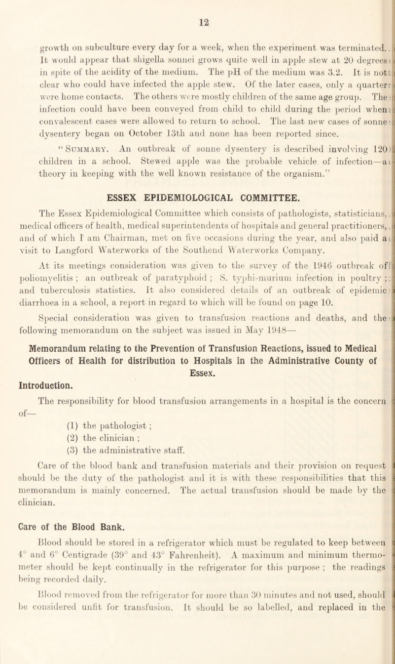 growth on subculture every day for a week, when the experiment was terminated. > It would appear that shigella sonnei grows quite well in apple stew at 20 degreesm in spite of the acidity of the medium. The pH of the medium was 3.2. It is not t u clear who could have infected the apple stew. Of the later cases, only a quarterr| were home contacts. The others were mostly children of the same age group. The? infection could have been conveyed from child to child during the period whenit convalescent cases were allowed to return to school. The last new cases of sonneq dysentery began on October 13th and none has been reported since. “ Summary. An outbreak of sonne dysentery is described involving 120 i children in a school. Stewed apple was the probable vehicle of infection—a theory in keeping with the well known resistance of the organism.” ESSEX EPIDEMIOLOGICAL COMMITTEE. The Essex Epidemiological Committee which consists of pathologists, statisticians,. medical officers of health, medical superintendents of hospitals and general practitioners,. and of which I am Chairman, met on five occasions during the year, and also paid ai visit to Langford Waterworks of the Southend Waterworks Company. At its meetings consideration was given to the survey of the 1946 outbreak of: poliomyelitis ; an outbreak of paratyphoid ; S. typhi-murium infection in poultry ;: and tuberculosis statistics. It also considered details of an outbreak of epidemic diarrhoea in a school, a report in regard to which will be found on page 10. Special consideration was given to transfusion reactions and deaths, and the following memorandum on the subject was issued in May 1948— Memorandum relating to the Prevention of Transfusion Reactions, issued to Medical Officers of Health for distribution to Hospitals in the Administrative County of Essex. Introduction. The responsibility for blood transfusion arrangements in a hospital is the concern of— (1) the pathologist; (2) the clinician ; (3) the administrative staff. Care of the blood bank and transfusion materials and their provision on request should be the duty of the pathologist and it is with these responsibilities that this memorandum is mainly concerned. The actual transfusion should be made by the i clinician. Care of the Blood Bank. Blood should be stored in a refrigerator which must be regulated to keep between : 4° and 6° Centigrade (39° and 43° Fahrenheit). A maximum and minimum thermo- < meter should be kept continually in the refrigerator for this purpose ; the readings I being recorded daily. Blood removed from the refrigerator for more than 30 minutes and not used, should : be considered unfit for transfusion. It should be so labelled, and replaced in the i