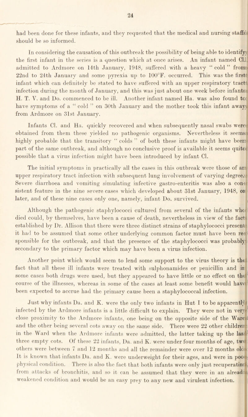 had been done for these infants, and they requested that the medical and nursing staffs should be so informed. In considering the causation of this outbreak the possibility of being able to identify the first infant in the series is a question which at once arises. An infant named Cl. admitted to Ardmore on 14th January, 1948, suffered with a heavy “ cold ” from 22nd to 24th January and some pyrexia up to 100°F. occurred. This was the first'll infant which can definitely be stated to have suffered with an upper respiratory tract infection during the month of January, and this was just about one week before infants;* H. T. V. and Do. commenced to be ill. Another infant named Ha. was also found tod have symptoms of a cold ” on 30th January and the mother took this infant awayy from Ardmore on 31st January. Infants Cl. and Ha. quickly recovered and when subsequently nasal swabs werei obtained from them these yielded no pathogenic organisms. Nevertheless it seems; i highly probable that the transitory “ colds ” of both these infants might have been; part of the same outbreak, and although no conclusive proof is available it seems quite - possible that a virus infection might have been introduced by infant Cl. The initial symptoms in practically all the cases in this outbreak were those of am upper respiratory tract infection with subsequent lung involvement of varying degree.;: Severe diarrhoea and vomiting simulating infective gastro-enteritis was also a con-n: sistent feature in the nine severe cases which developed about 31st January, 1948, op later, and of these nine cases only one, namely, infant Do. survived. Although the pathogenic staphylococci cultured from several of the infants whc died could, by themselves, have been a cause of death, nevertheless in view of the factjj established by Dr. Allison that there were three distinct strains of staphylococci present- it had to be assumed that some other underlying common factor must have been re; sponsible for the outbreak, and that the presence of the staphylococci was probably secondary to the primary factor which may have been a virus infection. Another point which would seem to lend some support to the virus theory is the; fact that all these ill infants were treated with sulplionamides or penicillin and ir; some cases both drugs were used, but they appeared to have little or no effect on thoj course of the illnesses, whereas in some of the cases at least some benefit would haw been expected to accrue had the primary cause been a staphylococcal infection. Just why infants Da. and K. were the only two infants in Hut I to be apparently infected by the Ardmore infants is a little difficult to explain. They were not in very close proximity to the Ardmore infants, one being on the opposite side of the Ward and the other being several cots away on the same side. There were 22 other childrer in the Ward when the Ardmore infants were admitted, the latter taking up the las; three empty cots. Of these 22 infants, Da. and K. were under four months of age, tw others were between 7 and 12 months and all the remainder were over 12 months ole * It is known that infants Da. and K. were underweight for their ages, and were in poc physical condition. There is also the fact that both infants were only just recuperatin from attacks of bronchitis, and so it can be assumed that they were in an ahead weakened condition and would be an easy prey to any new and virulent infection.