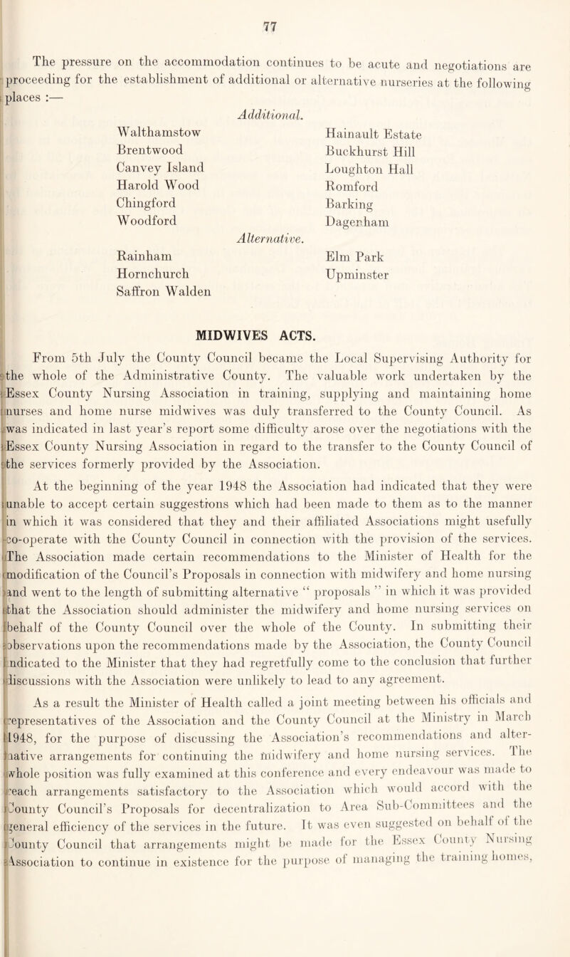 The pressure on the accommodation continues to be acute and. negotiations are proceeding for the establishment of additional or alternative nurseries at the following places :— Walthamstow Additional. Hainault Estate Brentwood Buckhurst Hill Canvey Island Loughton Hall Harold Wood Romford Chingford Barking Woodford Alternative. Dagenham Rainham Elm Park Hornchurch Saffron Walden Upminster MIDWIVES ACTS. From 5th July the County Council became the Local Supervising Authority for s>the whole of the Administrative County. The valuable work undertaken by the i Essex County Nursing Association in training, supplying and maintaining home [nurses and home nurse midwives was duly transferred to the County Council. As was indicated in last year’s report some difficulty arose over the negotiations with the 5, Essex County Nursing Association in regard to the transfer to the County Council of The services formerly provided by the Association. At the beginning of the year 1948 the Association had indicated that they were i unable to accept certain suggestions which had been made to them as to the manner in which it was considered that they and their affiliated Associations might usefully -co-operate with the County Council in connection with the provision of the services. The Association made certain recommendations to the Minister of Health for the (modification of the Council’s Proposals in connection with midwifery and home nursing )ind went to the length of submitting alternative “ proposals ” in which it was provided (that the Association should administer the midwifery and home nursing services on i behalf of the County Council over the whole of the County. In submitting their ^observations upon the recommendations made by the Association, the County Council i ndicated to the Minister that they had regretfully come to the conclusion that further (discussions with the Association were unlikely to lead to any agreement. As a result the Minister of Health called a joint meeting between his officials and ( representatives of the Association and the County Council at the Ministry in March 11948, for the purpose of discussing the Association’s recommendations and alter- native arrangements for continuing the midwifery and home nursing services. The vhole position was fully examined at this conference and every endeavour was made to reach arrangements satisfactory to the Association which would accord with the j bounty Council’s Proposals for decentralization to Area Sub-Committees and the [general efficiency of the services in the future. It was even suggested on behalf of the [bounty Council that arrangements might be made for the Essex County Naming Association to continue in existence for the purpose oi managing the tiaining homes,