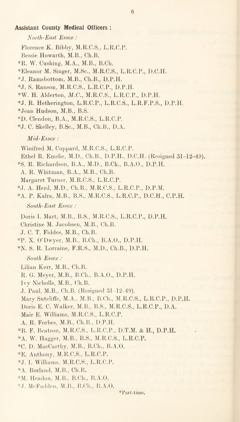 Assistant County Medical Officers : North-East Essex : Florence Iv. Bibby, M.R.C.S, L.R.C.P. Bessie Howarth, M.B., Ch.B. *R. W. Cushing, M.A., M.B., B.Ch. ^Eleanor M. Singer, M.Sc., M.R.C.S, L.R.C.P., D.C.H. *J. Ramsbottom, M.B., Cli.B., D.P.H. *J. S. Ranson, M.R.C.S., L.R.C.P., D.P.H. *W. H. Alderton, M.C., M.R.C.S., L.R.C.P., D.P.H. *J. R. Hetherington, L.R.C.P., L.R.C.S, L.R.F.P.S., D.P.H. *Jean Hudson, M.B., B.S. *D. Clendon, B.A., M.R.C.S., L.R.C.P. *J. C. Skelley, B.Sc., M.B., Ch.B., D.A. Mid-Essex : Winifred M. Coppard, M.R.C.S., L.R.C.P. Ethel R. Emslie, M.D., Ch.B., D.P.H., D.C.H. (Resigned 31-12-49). *S. R. Richardson, B.A., M.D., B.Cli., B.A.O., D.P.H. A. R. Whitman, B.A., M.B., Ch.B. Margaret Turner, M.R.C.S., L.R.C.P. *J. A. Herd, M.D., Ch.B., M.R.C.S., L.R.C.P., D.P.M. *A. P. Kalra, M.B., B.S., M.R.C.S., L.R.C.P., D.C.H., C.P.H. South-East Essex : Doris I. Mart, M.B., B.S., M.R.C.S., L.R.C.P., D.P.H. Christine M. Jacobsen, M.B., Ch.B. J. C. T. Fiddes, M.B., Ch.B. *P. X. O’Dwyer, M.B., B.Ch., B.A.O., D.P.H. *N. S. R. Lorraine, F.R.S., M.D., Ch.B., D.P.H. South Essex : Lilian Kerr, M.B., Ch.B. R. G. Meyer, M.B., B.Ch., B.A.O., D.P.H. Ivy Nicholls, M.B., Ch.B. J. Paul, M.B., Ch.B. (Resigned 31-12-49). Mary Sutcliffe, M.A., M.B., B.Ch., M.R.C.S., L.R.C.P., D.P.H. Doris E. C. Walker, M.B., B.S, M.R.C.S, L.R.C.P, D.A. Mair E. Williams, M.R.C.S, L.R.C.P. A. R. Forbes, M.B, Ch.B, D.P.H. *B. F. Beatson, M.R.C.S, L.R.C.P, D.T.M. & H, D.P.H. *A. W. Hagger, M.B, B.S, M.R.C.S, L.R.C.P. *C. D. MacCarthy, M.B, B.Ch, B.A.O. *E. Anthony, M.R.C.S, L.R.C.P. *J. I. Williams, M.R.C.S, L.R.C.P. *A. Borland, M.B, Ch.B. *M. Headon, M.B, B.Ch, B.A.O. *T. McFadflen, M.P>, B.Ch, B.A.O.