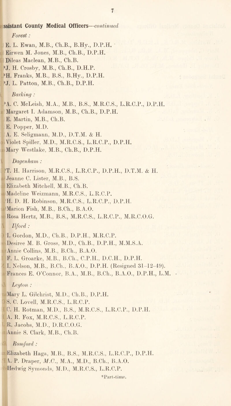 ssistant County Medical Officers—continued Forest: E. L. Ewan, M.B., Ch.B., B.Hy., D.P.H. Eirwen M. Jones, M.B., Ch.B., D.P.H. Dileas Maclean, M.B., Ch.B. *J. H. Crosby, M.B., Ch.B., D.H.P. ^H. Franks, M.B., B.S., B.Hy., D.P.H. M. L. Patton, M.B., Ch.B., D.P.H. Barking : LA. C. McLeish, M.A., M.B., B.S., M.R.C.S., L.R.C.P., D.P.H. Margaret I. Adamson, M.B., Ch.B., D.P.H. E. Martin, M.B., Ch.B. E. Popper, M.D. A. E. Seligmann, M.D., D.T.M. & H. Violet Spiller, M.D., M.R.C.S., L.R.C.P., D.P.H. Alary Westlake, M.B., Ch.B., D.P.H. Dagenham : !T. H. Harrison, M.R.C.S., L.R.C.P., D.P.H., D.T.M. & H. Jeanne C. Lister, M.B., B.S. Elizabeth Mitchell, M.B., Ch.B. Madeline Weizmann, M.R.C.S., L.R.C.P. H. D. H. Robinson, M.R.C.S., L.R.C.P., D.P.H, Marion Fish, M.B., B.Ch., B.A.O. Rosa Hertz, M.B., B.S., M.R.C.S., L.R.C.V., M.R.C.0.6. Ilford : I. Gordon, M.D., Ch.B., D.P.H., M.R.C.P. Desiree M. B. Gross, M.D., Ch.B., D.P.H., M.M.S.A. Annie Collins, M.B., B.Ch., B.A.O. F. L. Groarke, M.B., B.Ch., C.P.IL., D.C.H., D.P.H. I. Nelson, M.B., B.Ch., B.A.O., D.P.H. (Resigned 31-12-49). ■ Frances E. O’Connor, B.A., M.B., B.Ch., B.A.O., D.P.H., L.AI. A Leyton : ) J I b Mary L. Gilchrist, M.D., Ch.B., D.P.H. S. C. Lovell, M.R.C.S, L.R.C.P. C. H. Rotman, M.D., B.S., M.R.C.S., L.R.C.P., D.P.H. A. R. Fox, M.R.C.S., L.R.C.P. R. Jacobs, M.D., D.R.C.O.G. (Annie S. Clark, M.B., Ch.B. Romford : ijElizabeth Haga, M.B., B.S., M.R.C.S., L.R.C.P., D.P.H. V P. Draper, M.C., M.A., M.D., B.Ch., B.A.O. Fieri wig Symonds, M.D., M.R.C.S., L.R.C.P.