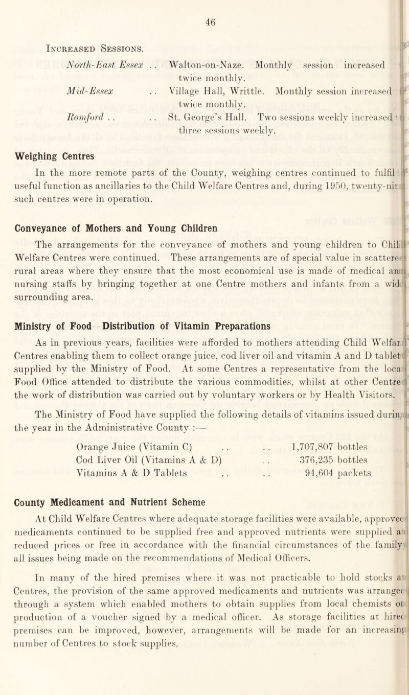 Increased Sessions. North-East Essex . . Mid- Essex Romford . . Walton-on-Naze. Monthly session increased twice monthly. Village Hall, Writtle. Monthly session increased twice monthly. St. George’s Hall. Two sessions weekly increased i three sessions weekly. ■I Weighing Centres In the more remote parts of the County, weighing centres continued to fulfil useful function as ancillaries to the Child Welfare Centres and, during 1950, twenty-nir such centres were in operation. f Conveyance of Mothers and Young Children ■ The arrangements for the conveyance of mothers and young children to Chili Welfare Centres were continued. These arrangements are of special value in scattered rural areas where they ensure that the most economical use is made of medical am nursing staffs by bringing together at one Centre mothers and infants from a wid surrounding area. Ministry of Food -Distribution of Vitamin Preparations As in previous years, facilities were afforded to mothers attending Child Welfar Centres enabling them to collect orange juice, cod liver oil and vitamin A and D tablet supplied by the Ministry of Food. At some Centres a representative from the loca Food Office attended to distribute the various commodities, whilst at other Centre the work of distribution was carried out by voluntary workers or by Health Visitors. The Ministry of Food have supplied the following details of vitamins issued durim the year in the Administrative County Orange Juice (Vitamin C) Cod Liver Oil (Vitamins A & D) Vitamins A & D Tablets 1,707,807 bottles 376,235 bottles 94,604 packets County Medicament and Nutrient Scheme At Child Welfare Centres where adequate storage facilities were available, approvec medicaments continued to be supplied free and approved nutrients were supplied ai reduced prices or free in accordance with the financial circumstances of the family all issues being made on the recommendations of Medical Officers. In many of the hired premises where it was not practicable to hold stocks at Centres, the provision of the same approved medicaments and nutrients was arrangec through a system which enabled mothers to obtain supplies from local chemists oi production of a voucher signed by a medical officer. As storage facilities at hirec premises can be improved, however, arrangements will be made for an increasing number of Centres to stock supplies,