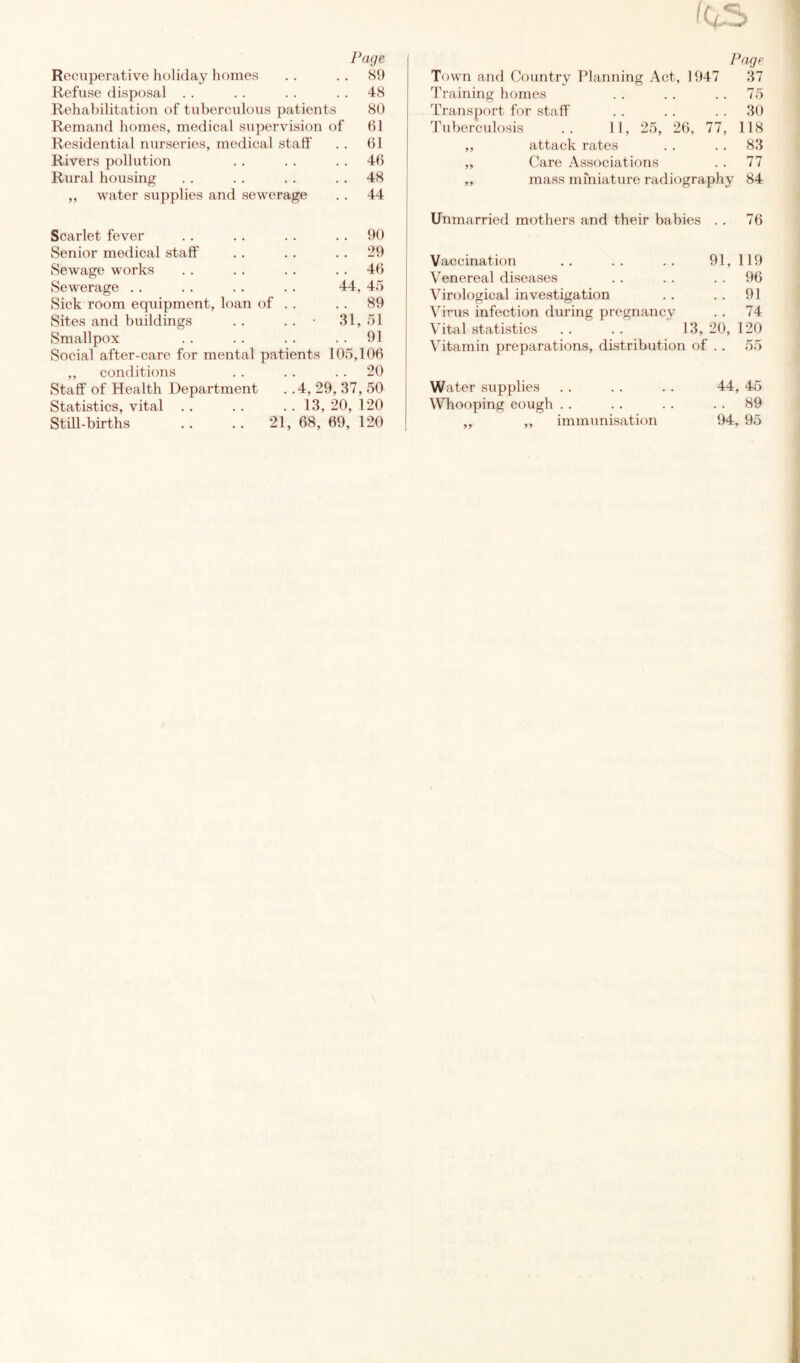 Page Recuperative holiday homes . . .. 89 Refuse disposal . . .. . . 48 Rehabilitation of tuberculous patients 80 Remand homes, medical supervision of 61 Residential nurseries, medical staff . . 61 Rivers pollution .. . . 46 Rural housing .. . . .. 48 ,, water supplies and sewerage . . 44 Scarlet fever .. .. .. 90 Senior medical staff .. . . 29 Sewage works . . . . . . 46 Sewerage . . .. .. . . 44, 45 Sick room equipment, loan of . . . . 89 Sites and buildings . . .. • 31, 51 Smallpox . . .. .. 91 Social after-care for mental patients 105,106 ,, conditions .. .. 20 Staff of Health Department . .4, 29, 37, 50 Statistics, vital .. . . . . 13, 20, 120 Still-births .. . . 21, 68, 69, 120 Page Town and Country Planning Act, 1947 37 Training homes . . .. . . 75 Transport for staff . . . . 30 Tuberculosis .. 11, 25, 26, 77, 118 ,, attack rates . . . . 83 „ Care Associations . . 77 ,, mass miniature radiography 84 Unmarried mothers and their babies . . 76 Vaccination .. .. .. 91, 119 Venereal diseases . . . . 96 Virological investigation . . . . 91 Virus infection during pregnancy . . 74 Vital statistics . . . . 13, 20, 120 Vitamin preparations, distribution of . . 55 Water supplies .. .. .. 44, 45 Whooping cough . . . . . . 89 ,, ,, immunisation 94, 95