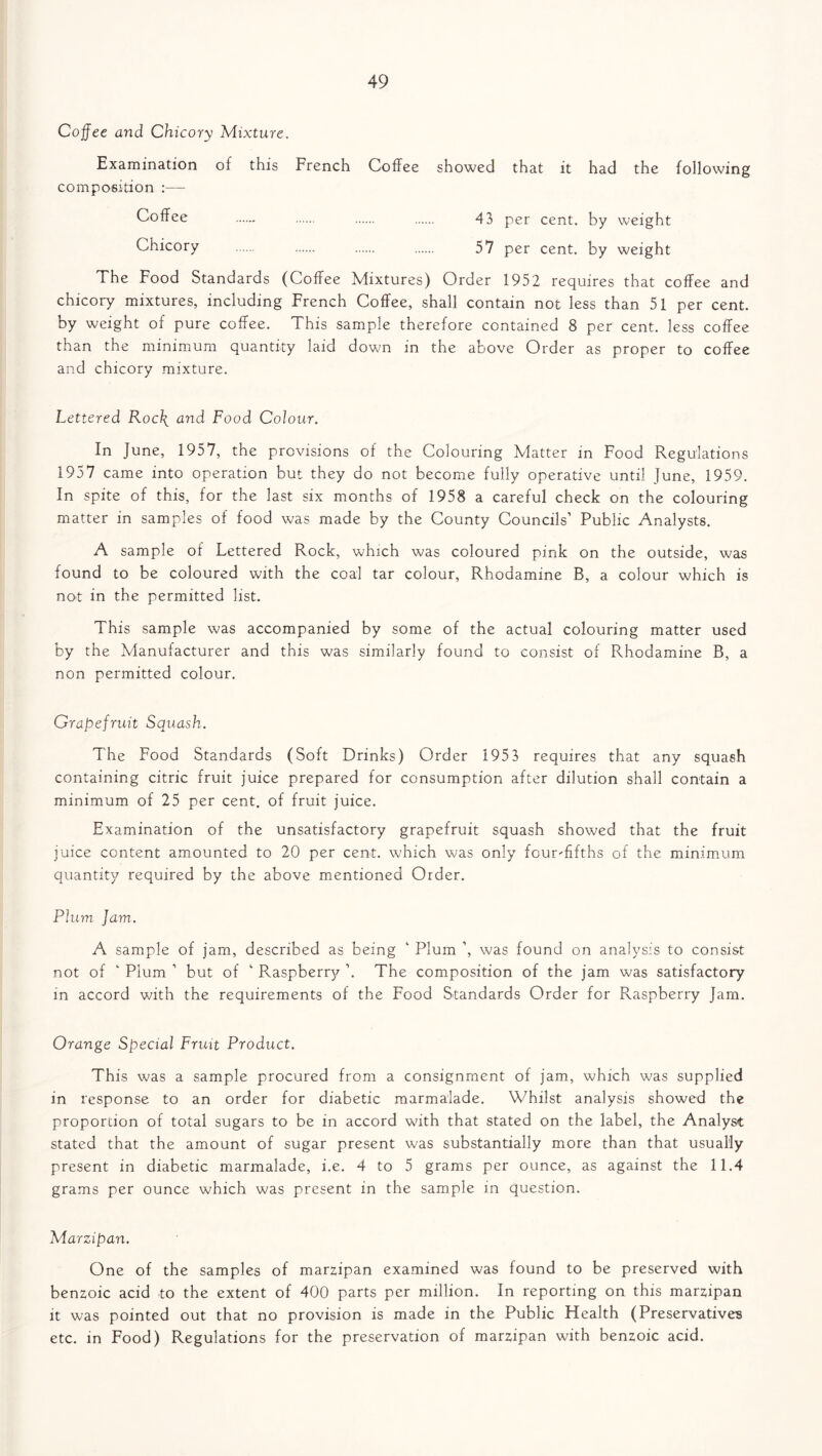 Coffee and Chicory Mixture. Examination of this French Coffee showed that it had the following composition :— Coffee 4 3 per cent, by weight Chicory 57 per cent, by weight The Food Standards (Coffee Mixtures) Order 1952 requires that coffee and chicory mixtures, including French Coffee, shall contain not less than 51 per cent, by weight of pure coffee. i his sample therefore contained 8 per cent, less coffee than the minimum quantity laid down in the above Order as proper to coffee and chicory mixture. Lettered Roc\ and Food Colour. In June, 1957, the provisions of the Colouring Matter in Food Regulations 1957 came into operation but they do not become fully operative until June, 1959. In spite of this, for the last six months of 1958 a careful check on the colouring matter in samples of food was made by the County Councils’ Public Analysts. A sample of Lettered Rock, which was coloured pink on the outside, was found to be coloured with the coal tar colour, Rhodamine B, a colour which is not in the permitted list. This sample was accompanied by some of the actual colouring matter used by the Manufacturer and this was similarly found to consist of Rhodamine B, a non permitted colour. Grapefruit Squash. The Food Standards (Soft Drinks) Order 1953 requires that any squash containing citric fruit juice prepared for consumption after dilution shall contain a minimum of 25 per cent, of fruit juice. Examination of the unsatisfactory grapefruit squash showed that the fruit juice content amounted to 20 per cent, which was only four'fifths of the minimum quantity required by the above mentioned Order. Plum Jam. A sample of jam, described as being ‘ Plum ’, was found on analysis to consist not of ’ Plum ’ but of k Raspberry ’. The composition of the jam was satisfactory in accord with the requirements of the Food Standards Order for Raspberry Jam. Orange Special Fruit Product. This was a sample procured from a consignment of jam, which was supplied in response to an order for diabetic marmalade. Whilst analysis showed the proportion of total sugars to be in accord with that stated on the label, the Analyst stated that the amount of sugar present was substantially more than that usually present in diabetic marmalade, i.e. 4 to 5 grams per ounce, as against the 11.4 grams per ounce which was present in the sample in question. Marzipan. One of the samples of marzipan examined was found to be preserved with benzoic acid to the extent of 400 parts per million. In reporting on this marzipan it was pointed out that no provision is made in the Public Health (Preservatives etc. in Food) Regulations for the preservation of marzipan with benzoic acid.
