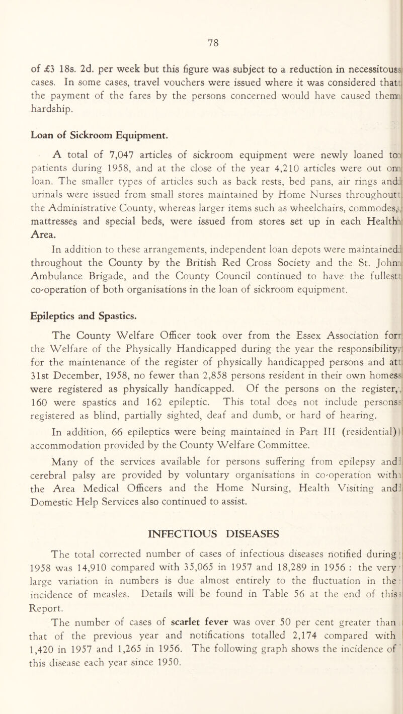 of <£3 18s. 2d. per week but this figure was subject to a reduction in necessitoussl cases. In some cases, travel vouchers were issued where it was considered that: the payment of the fares by the persons concerned would have caused them: hardship. Loan of Sickroom Equipment. A total of 7,047 articles of sickroom equipment were newly loaned too patients during 1958, and at the close of the year 4,210 articles were out onaf loan. The smaller types of articles such as back rests, bed pans, air rings and: urinals were issued from small stores maintained by Home Nurses throughoutt. the Administrative County, whereas larger items such as wheelchairs, commodes,?, mattresses and special beds, were issued from stores set up in each Health- Area. In addition to these arrangements, independent loan depots were maintained- throughout the County by the British Red Cross Society and the St. John Ambulance Brigade, and the County Council continued to have the fullest co-operation of both organisations in the loan of sickroom equipment. Epileptics and Spastics. The County Welfare Officer took over from the Essex Association forr the Welfare of the Physically Handicapped during the year the responsibility for the maintenance of the register of physically handicapped persons and at: 31st December, 1958, no fewer than 2,858 persons resident in their own homes? were registered as physically handicapped. Of the persons on the register, 160 were spastics and 162 epileptic. This total does not include persons? registered as blind, partially sighted, deaf and dumb, or hard of hearing. In addition, 66 epileptics were being maintained in Part III (residential) accommodation provided by the County Welfare Committee. Many of the services available for persons suffering from epilepsy and cerebral palsy are provided by voluntary organisations in co-operation with the Area Medical Officers and the Home Nursing, Health Visiting and Domestic Help Services also continued to assist. INFECTIOUS DISEASES The total corrected number of cases of infectious diseases notified during 1958 was 14,910 compared with 35,065 in 1957 and 18,289 in 1956 : the very large variation in numbers is due almost entirely to the fluctuation in the incidence of measles. Details will be found in Table 56 at the end of this; Report. The number of cases of scarlet fever was over 50 per cent greater than that of the previous year and notifications totalled 2,174 compared with 1,420 in 1957 and 1,265 in 1956. The following graph shows the incidence of this disease each year since 1950.