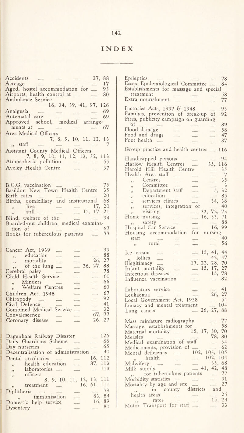 INDEX Accidents 27, 88 Acreage 17 Aged, hostel accommodation for 93 Airports, health control at Ambulance Service 80 16, 34, 39, 41, 97, 126 Analgesia 69 Antenatal care 69 Approved school, medical arrange' ments at Area Medical Officers 67 7, 8, 9, 10, 11, 12, 13 ,, staff 7 Assistant County Medical Officers 7, 8, 9, 10, 11, 12, 13, 32, 113 Atmospheric pollution 55 Aveley Health Centre 37 B.C.G. vaccination 75 Basildon New Town Health Centre 3 5 Birth rates 20 Births, domiciliary and institutional 68 ,, live 17, 20 ,, still 15, 17, 21 Blind, welfare of the 94 Boarded-out children, medical examina' tion of 67 Books for tuberculous patients 77 Cancer Act, 1939 93 ,, education 88 ,, mortality 26, 27 ,, of the lung 26, 27, 88 Cerebral palsy 78 Child Health Service 60 ,, Minders 66 ,, Welfare Centres 60 Children Act, 1948 67 Chiropody 92 Civil Defence 41 Combined Medical Service 32 Convalescence 67, 77 Coronary disease 26, 27 Dagenham Railway Disaster 126 Daily Guardians Scheme 66 Day nurseries 65 Decentralisation of administration 40 Dental auxiliaries 16, 112 ,, health education 87, 113 „ laboratories ,, officers 113 8, 9, 10, 11, 12, 13, 111 ,, treatment 16, 61, 111 Diphtheria 79 ,, immunisation 83, 84 Domestic help service 16, 89 Dysentery 80 Epileptics 78 Essex Epidemiological Committee 84 Establishments for massage and special treatment 58 Extra nourishment 77 Factories Acts, 1937 & 1948 93 Families, prevention of break-up of 92 Fires, publicity campaign on guarding of 89 Flood damage 58 Food and drugs 47 Foot health 87 Group practice and health centres 116 Handicapped persons 94 Harlow Health Centres 35, 116 Fiarold Hill Health Centre 3 5 Health Area staff 7 ,, Centres 35' ,, Committee 3 ,, Department staff 5, 32 ,, education .. .. 85 ,, services clinics 34, 38 ,, services, integration of 40 „ visiting 33, 72, 73 Home nursing 16, 3 3, 71 ,, safety 88 Hospital Car Service 16, 99 Housing accommodation for nursing staff 40 ,, rural 56 Ice cream 15, 41, 44 ,, lollies 42, 47 Illegitimacy 17, 22, 28, 70 Infant mortality 15, 17, 27 Infectious diseases 15, 78 Influenza vaccination 82 Laboratory service 41 Leukaemia 26, 27 Local Government Act, 1958 54 Lunacy and mental treatment 104 Lung cancer 26, 27, 88 Mass miniature radiography 77 Massage, establishments for 58 Maternal mortality 15, 17, 30, 70 Measles 78, 80 Medical examination of staff 34 Medicaments, provision of 62 Mental deficiency 102, 103, 105 „ health 102, 104 Midwifery 3 3, 68 Milk supply 41, 42, 48 ,, for tuberculous patients 77 Morbidity statistics 31 Mortality by age and sex 27 „ in county districts and health areas 25 ,, rates 15, 24 Motor Transport for staff 3 3