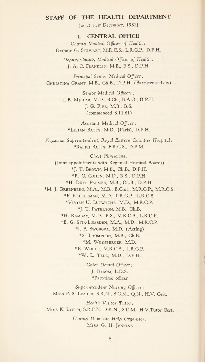 STAFF OF THE HEALTH DEPARTMENT (as at 31st December, 1961) 1. CENTRAL OFFICE County Medical Officer of Health : George G. Stewart, M.R.G.S., L.R.C.P., D.P.H. Deputy County Medical Officer of Health : J. A. C. Franklin, M.B., B.S., D.P.H. Principal Senior Medical Officer: Christina Grant, M.B., Ch.B., D.P.H. (Barrister-at-Law) Senior Medical Officers : I. B. Millar, M.D., B.Ch., B.A.O., D.P.H. J. G. Fife, M.B., B.S. (commenced 6.11.61) Assistant Medical Officer: ^Lilian Bates, M.D. (Paris), D.P.H. Physician Superintendent, Royal Eastern Counties Hospital: *Ralph Bates, F.R.C.S., D.P.M. Chest Physicians : (Joint appointments with Regional Hospital Boards) *J. T. Brown, M.B., Ch.B., D.P.H. *R. C. Cohen, M.D., B.S., D.P.H. *H. Duff Palmer, M.B., Ch.B., D.P.H. *M. J. Greenberg, M.A., M.B., B.Chir., M.R.C.P., M.R.C.S. *F. Kellerman, M.D., L.R.C.P., L.R.C.S. *Vivien U. Lutwyche, M.D., M.R.C.P. *J. T. Paterson, M.B., Ch.B. *H. Ramsay, M.D., B.S., M.R.C.S., L.R.C.P. *E. G. SitA'Lumsden, M.A., M.D., M.R.C.P. *J. F. Swoboda, M.D. (Acting) *S. Thompson, M.B., Ch.B. *M. Weinberger, M.D. *E. Woolf, M.R.C.S., L.R.C.P. *W. L. Tell, M.D., D.P.H. Chief Dental Officer: J. Byrom, L.D.S. * Part-time officer Superintendent J^ursing Officer: Miss F. S. Leader, S.R.N., S.C.M., Q.N., H.V. Cert. Health Visitor Tutor: Miss K. Lynch, S.R.F.N., S.R.N., S.G.M., H.V.Tutor Cert. County Domestic Help Organiser: Miss G. H. Jenkins