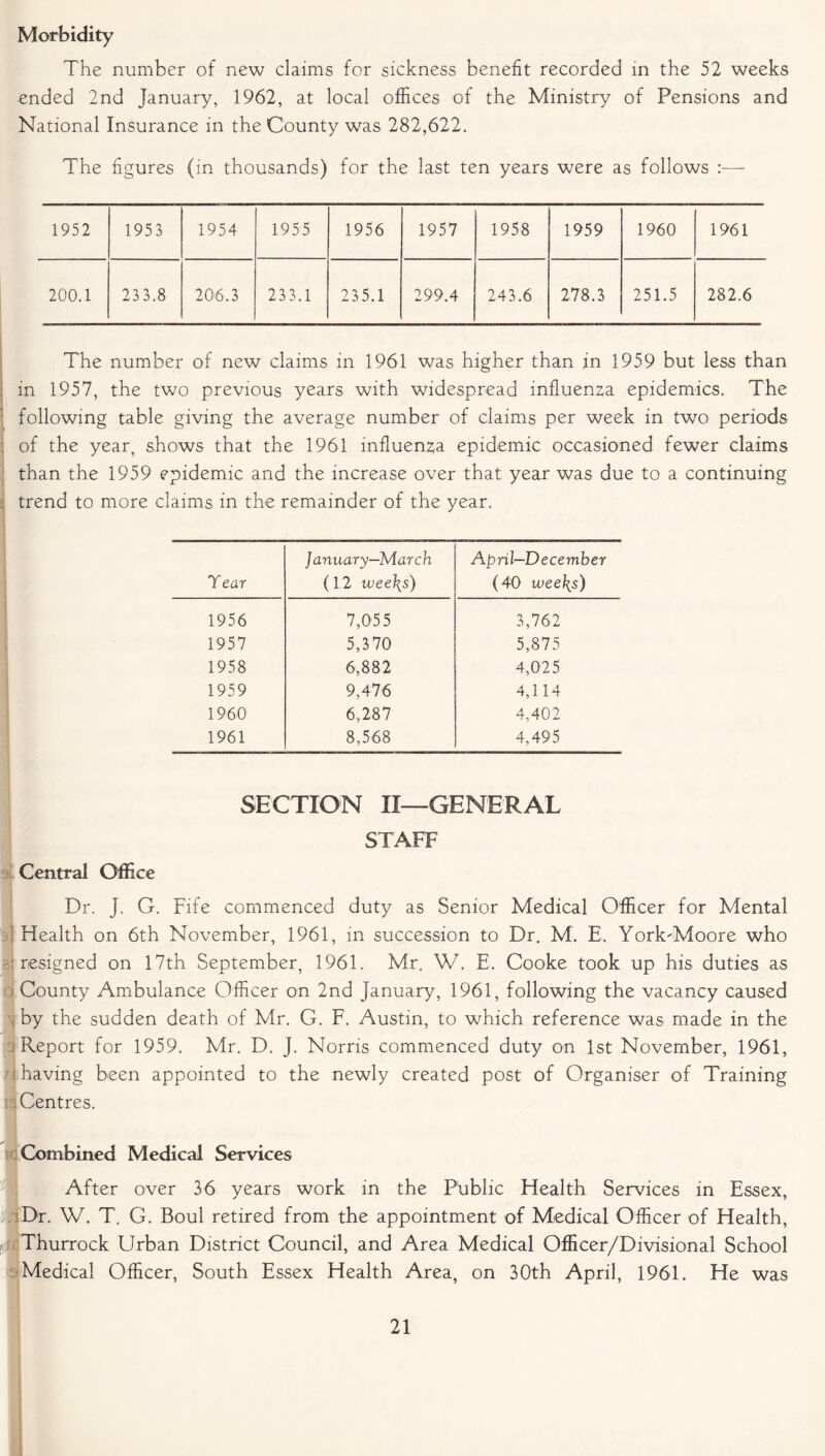 Morbidity The number of new claims for sickness benefit recorded in the 52 weeks ended 2nd January, 1962, at local offices of the Ministry of Pensions and National Insurance in the County was 282,622. The figures (in thousands) for the last ten years were as follows :— 1952 1953 1954 1955 1956 1957 1958 1959 1960 1961 200.1 233.8 206.3 233.1 235.1 299.4 243.6 278.3 251.5 282.6 The number of new claims in 1961 was higher than in 1959 but less than in 1957, the two previous years with widespread influenza epidemics. The following table giving the average number of claims per week in two periods of the year, shows that the 1961 influenza epidemic occasioned fewer claims than the 1959 epidemic and the increase over that year was due to a continuing trend to more claims in the remainder of the year. Y ear January—March (12 wee\s) April—December (40 wee\s) 1956 7,055 3,762 1957 5,370 5,875 1958 6,882 4,025 1959 9,476 4,114 1960 6,287 4,402 1961 8,568 4,495 SECTION II—GENERAL STAFF Central Office Dr. J. G. Fife commenced duty as Senior Medical Officer for Mental Health on 6th November, 1961, in succession to Dr. M. E, York'Moore who resigned on 17th September, 1961. Mr. W. E. Cooke took up his duties as County Ambulance Officer on 2nd January, 1961, following the vacancy caused by the sudden death of Mr. G. F. Austin, to which reference was made in the Report for 1959. Mr. D. J. Norris commenced duty on 1st November, 1961, i having been appointed to the newly created post of Organiser of Training 3 Centres. Combined Medical Services After over 36 years work in the Public Health Services in Essex, Dr. W. T. G. Boul retired from the appointment of Medical Officer of Health, Thurrock Urban District Council, and Area Medical Officer/Divisional School Medical Officer, South Essex Health Area, on 30th April, 1961. He was