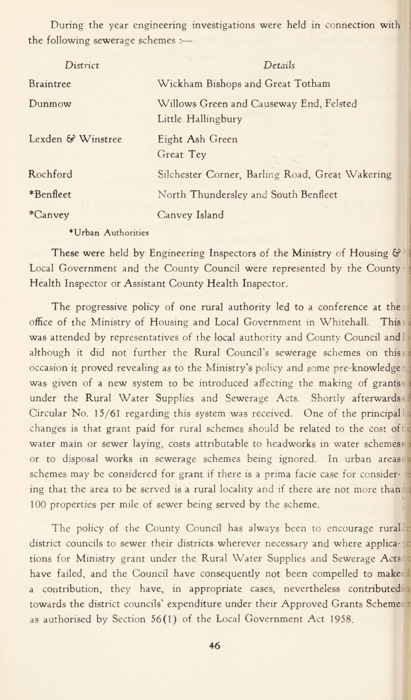 During the year engineering investigations were held in connection with the following sewerage schemes :— Details Wickham Bishops and Great Totham Willows Green and Causeway End, Felsted Little Hallingbury Eight Ash Green Great Tey Silchester Corner, Barling Road, Great Wakering North Thundersley and South Benfleet Canvey Island *Urban Authorities These were held by Engineering Inspectors of the Ministry of Housing 6? Local Government and the County Council were represented by the County Health Inspector or Assistant County Health Inspector. The progressive policy of one rural authority led to a conference at the office of the Ministry of Housing and Local Government in Whitehall. This was attended by representatives of the local authority and County Council and although it did not further the Rural Council's sewerage schemes on this occasion it proved revealing as to the Ministry’s policy and some pre-knowledge. ; was given of a new system to be introduced affecting the making of grants i under the Rural Water Supplies and Sewerage Acts. Shortly afterwards Circular No. 15/61 regarding this system was received. One of the principal changes is that grant paid for rural schemes should be related to the cost of water main or sewer laying, costs attributable to headworks in water schemes or to disposal works in sewerage schemes being ignored. In urban areas schemes may be considered for grant if there is a prima facie case for consider- ing that the area to be served is a rural locality and if there are not more than 100 properties per mile of sewer being served by the scheme. The policy of the County Council has always been to encourage rural district councils to sewer their districts wherever necessary and where applica- tions for Ministry grant under the Rural Water Supplies and Sewerage Acts have failed, and the Council have consequently not been compelled to make a contribution, they have, in appropriate cases, nevertheless contributed towards the district councils’ expenditure under their Approved Grants Scheme as authorised by Section 56(1) of the Local Government Act 1958. District Braintree Dunmow Lexden 6? Winstree Rochford *Benfleet *Canvey