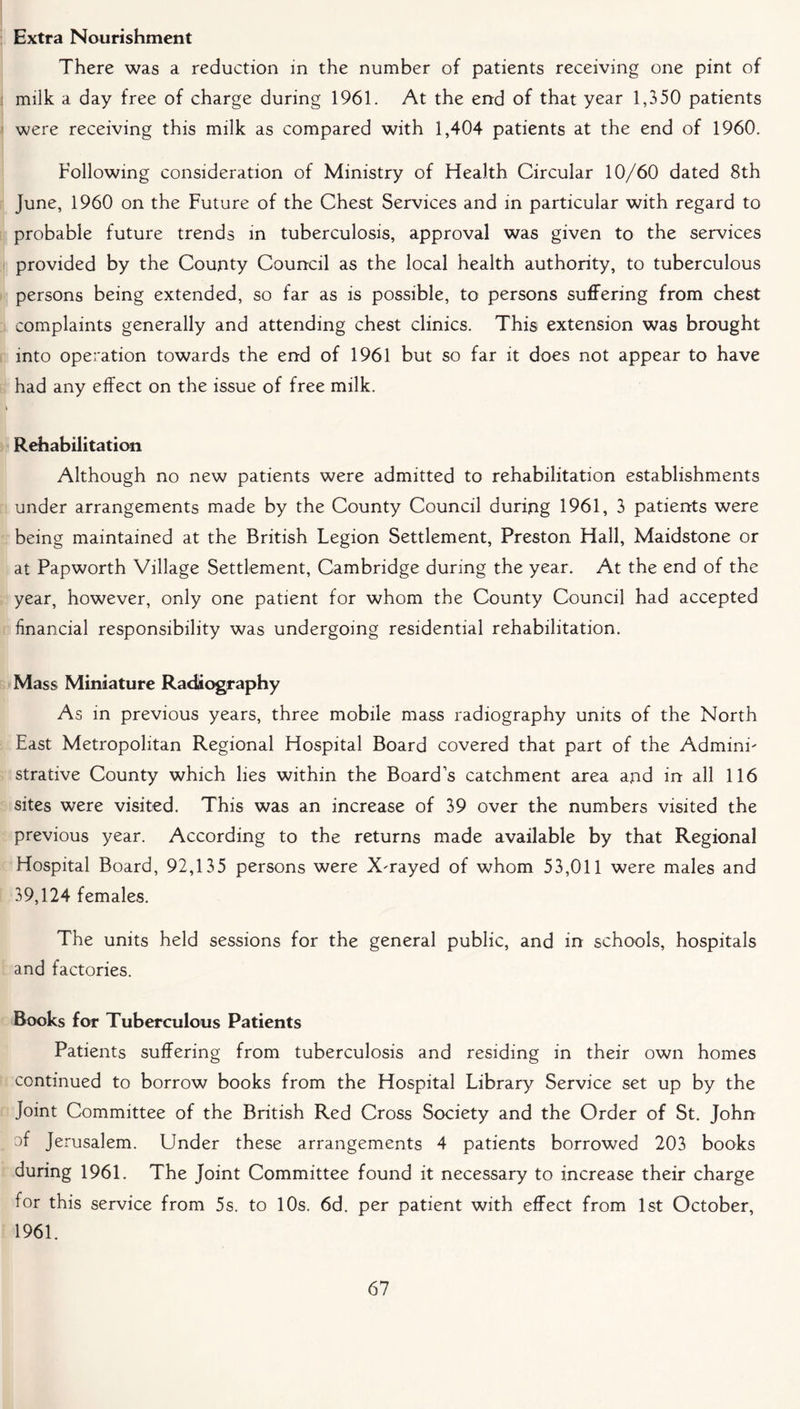 Extra Nourishment There was a reduction in the number of patients receiving one pint of milk a day free of charge during 1961. At the end of that year 1,350 patients were receiving this milk as compared with 1,404 patients at the end of 1960. Following consideration of Ministry of Health Circular 10/60 dated 8th June, 1960 on the Future of the Chest Services and in particular with regard to probable future trends in tuberculosis, approval was given to the services provided by the County Council as the local health authority, to tuberculous persons being extended, so far as is possible, to persons suffering from chest complaints generally and attending chest clinics. This extension was brought into operation towards the end of 1961 but so far it does not appear to have had any effect on the issue of free milk. Rehabilitation Although no new patients were admitted to rehabilitation establishments under arrangements made by the County Council during 1961, 3 patients were being maintained at the British Legion Settlement, Preston Hall, Maidstone or at Papworth Village Settlement, Cambridge during the year. At the end of the year, however, only one patient for whom the County Council had accepted financial responsibility was undergoing residential rehabilitation. Mass Miniature Radiography As in previous years, three mobile mass radiography units of the North East Metropolitan Regional Hospital Board covered that part of the Admini- strative County which lies within the Board’s catchment area and in all 116 sites were visited. This was an increase of 39 over the numbers visited the previous year. According to the returns made available by that Regional Hospital Board, 92,135 persons were X-rayed of whom 53,011 were males and 39,124 females. The units held sessions for the general public, and in schools, hospitals and factories. Books for Tuberculous Patients Patients suffering from tuberculosis and residing in their own homes continued to borrow books from the Hospital Library Service set up by the Joint Committee of the British Red Cross Society and the Order of St. John of Jerusalem. Under these arrangements 4 patients borrowed 203 books during 1961. The Joint Committee found it necessary to increase their charge for this service from 5s. to 10s. 6d. per patient with effect from 1st October, 1961.