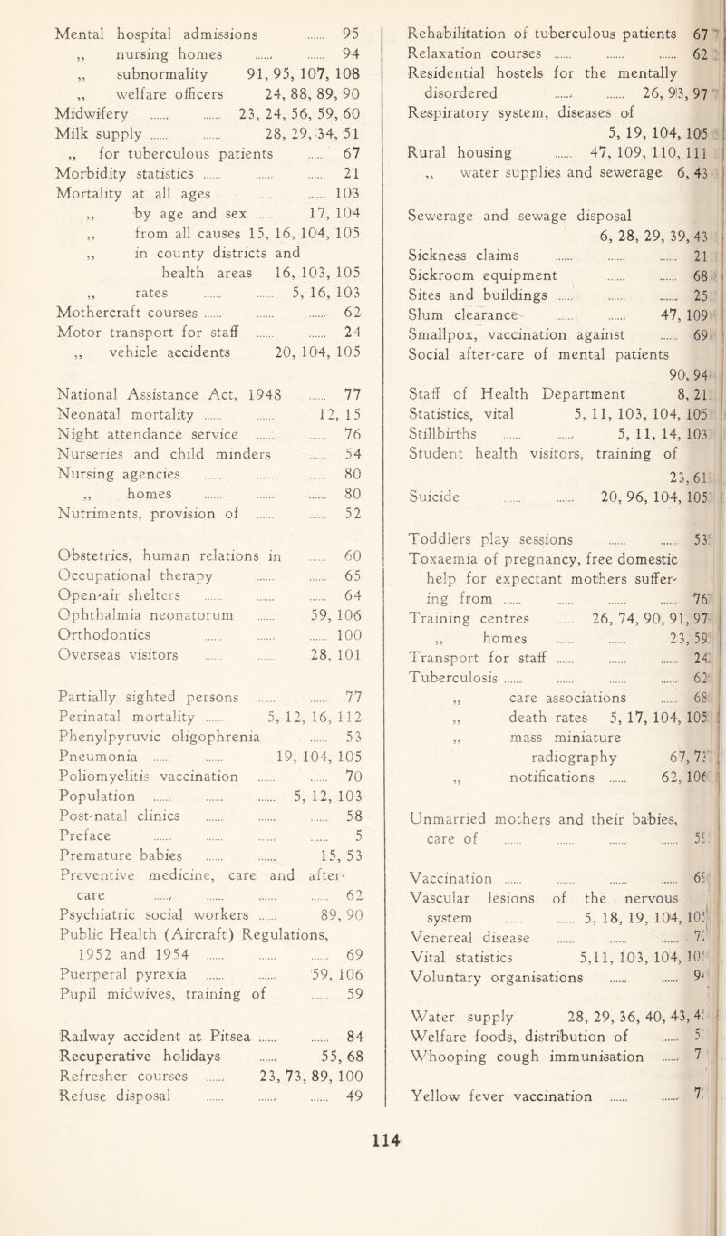 Mental hospital admissions 95 ,, nursing homes 94 ,, subnormality 91, 95, 107, 108 ,, welfare officers 24, 88, 89, 90 Midwifery 23, 24, 56, 59, 60 Milk supply 28, 29, 34, 51 ,, for tuberculous patients 67 Morbidity statistics 21 Mortality at all ages 103 ,, by age and sex 17, 104 ,, from all causes 15, 16, 104, 105 ,, in county districts and health areas 16, 103, 105 ,, rates 5, 16, 103 Mothercraft courses 62 Motor transport for staff 24 ,, vehicle accidents 20, 104, 105 National Assistance Act, 1948 77 Neonatal mortality 12, 15 Night attendance service 76 Nurseries and child minders 54 Nursing agencies 80 ,, homes 80 Nutriments, provision of 52 Obstetrics, human relations in 60 Occupational therapy 65 Open-air shelters 64 Ophthalmia neonatorum 59, 106 Orthodontics 100 Overseas visitors 28, 101 Partially sighted persons 77 Perinatal mortality 5, 12, 16, 112 Phenylpyruvic oligophrenia 53 Pneumonia 19, 104, 105 Poliomyelitis vaccination 70 Population 5, 12, 103 Post-natal clinics 58 Preface 5 Premature babies 15, 53 Preventive medicine, care and after- care 62 Psychiatric social workers 89, 90 Public Health (Aircraft) Regulations, 1952 and 1954 69 Puerperal pyrexia 59, 106 Pupil midwives, training of 59 Railway accident at Pitsea 84 Recuperative holidays 55, 68 Refresher courses 23, 73, 89, 100 Refuse disposal 49 Rehabilitation of tuberculous patients 67 Relaxation courses 62 I Residential hostels for the mentally disordered - 26, 913, 97 ! Respiratory system, diseases of 5, 19, 104, 105 : Rural housing 47, 109, 110, 111 ! ,, water supplies and sewerage 6, 43 Sewerage and sewage disposal 6,28,29,39,43 Sickness claims 21 Sickroom equipment 68 Sites and buildings 25 Slum clearance 47, 109 Smallpox, vaccination against 69 Social after-care of mental patients 90', 94 Staff of Health Department 8, 21 Statistics, vital 5, 11, 103, 104, 105 Stillbirths 5, 11, 14, 103 Student health visitors, training of 23,61 Suicide 20, 96, 104, 105 ing from Toddlers play sessions 53 Toxaemia of pregnancy, free domestic help for expectant mothers suffer- 76 .. 26,74,90,91,97 23,59 24 62 care associations 68 death rates 5, 17, 104, 105 mass miniature radiography 67,73 notifications 62, 106 Training centres ,, homes Transport for staff Tuberculosis Unmarried mothers and their babies, care of 51 Vaccination 61 Vascular lesions of the nervous system 5, 18, 19, 104, 10.‘| Venereal disease , 71 Vital statistics 5,11, 103, 104, 10: Voluntary organisations 9' Water supply 28, 29, 36, 40, 43, 41 Welfare foods, distribution of 5.. Whooping cough immunisation 7 Yellow fever vaccination