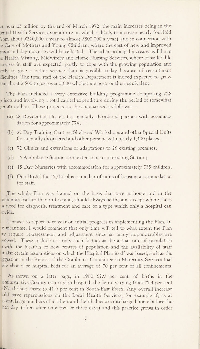 st over £5 million by the end of March 1972, the main increases being in the [ental Health Service, expenditure on which is likely to increase nearly fourfold 'rom about £220,000 a year to almost £800,000 a year) and in connection with e Care of Mothers and Young Children, where the cost of new and improved inics and day nurseries will be reflected. The other principal increases will be in e Health Visiting, Midwifery and Home Nursing Services, where considerable creases in staff are expected, partly to cope with the growing population and irtly to give a better service than is possible today because of recruitment fficulties. The total staff of the Health Department is indeed expected to grow om about 3,500 to just over 5,000 whole-time posts or their equivalent. The Plan included a very extensive building programme comprising 228 ojects and involving a total capital expenditure during the period of somewhat ,rer £5 million. These projects can be summarised as follows:—- (a) 28 Residential Hostels for mentally disordered persons with accommo- dation for approximately 774; (b) 32 Day Training Centres, Sheltered Workshops and other Special Units for mentally disordered and other persons with nearly 1,400 places; (c) 72 Clinics and extensions or adaptations to 26 existing premises; (d) 16 Ambulance Stations and extensions to an existing Station; (e) 15 Day Nurseries with accommodation for approximately 735 children; (f) One Hostel for 12/15 plus a number of units of housing accommodation for staff. The whole Plan was framed on the basis that care at home and in the mmunity, rather than in hospital, should always be the aim except where there a need for diagnosis, treatment and care of a type which only a hospital can ovide. I expect to report next year on initial progress in implementing the Plan. In e meantime, I would comment that only time will tell to what extent the Plan ly require re-assessment and adjustment since so many imponderables are volved. These include not only such factors as the actual rate of population owth, the location of new centres of population and the availability of staff t also certain assumptions on which the Hospital Plan itself was based, such as the ggestion in the Export of the Cranbrook Committee on Maternity Services that ere should be hospital beds for an average of 70 per cent of all confinements. As shown on a later page, in 1962 62.9 per cent of births in the dministrative County occurred in hospital, the figure varying from 77.4 per cent North-East Essex to 41.9 per cent in South-East Essex. Any overall increase uld have repercussions on the Local Health Services, for example if, as at ssent, large numbers of mothers and their babies are discharged home before the sth day (often after only two or three days) and this practice grows in order