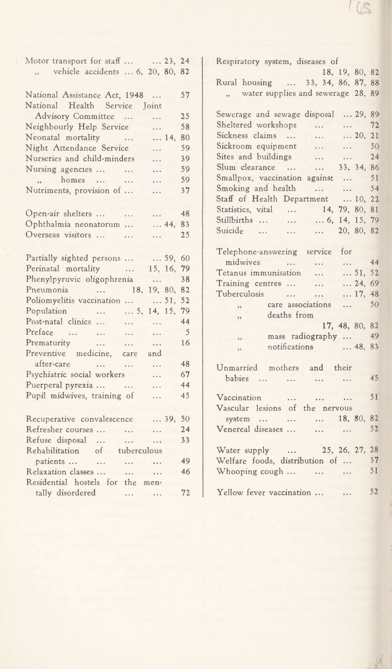 Motor transport for staff ... . . . 23, 24 ,, vehicle accidents ... 6, 20, 80, 82 National Assistance Act, 1948 • • • 57 National Health Service Joint Advisory Committee • • • 25 Neighbourly Help Service • • • 58 Neonatal mortality • • • 14, 80 Night Attendance Service • • • 59 Nurseries and child-minders • • • 39 Nursing agencies ... • • • 59 ,, homes • • • 59 Nutriments, provision of ... • • • 37 Open-air shelters ... 48 Ophthalmia neonatorum ... • . • 44, 83 Overseas visitors ... • • * 25 Partially sighted persons ... 59, 60 Perinatal mortality 15, 16, 79 Phenylpyruvic oligophrenia • • • 38 Pneumonia ... 18, 19, 80, 82 Poliomyelitis vaccination ... • • • 51, 52 Population ... ... 5, M, 15, 79 Post-natal clinics ... . . . 44 Preface • • • 5 Prematurity • • • 16 Preventive medicine, care and after-care • • • 48 Psychiatric social workers • . . 67 Puerperal pyrexia ... . . . 44 Pupil midwives, training of 45 Recuperative convalescence 39, 50 Refresher courses ... • . • 24 Refuse disposal • • • 33 Rehabilitation of tuberculous patients ... • . . 49 Relaxation classes ... • • • 46 Residential hostels for the men^ tally disordered • • • 72 Respiratory system, diseases of 18, 19, 80, 82 Rural housing 33, 34, 86, 87, 88 ,, water supplies and sewerage 28, 89 Sewerage and sewage disposal ... 29, 89 Sheltered workshops • • . • • • 72 Sickness claims • • . ... 20, 21 Sickroom equipment • . • ♦ • • 50 Sites and buildings • • . • • • 24 Slum clearance o . . 33, 34, 86 Smallpox, vaccination against • . . 51 Smoking and health • o • • . . 54 Staff of Health Department ... 10, 22 Statistics, vital 14, 79, 80, 81 Stillbirths ... ... 6, 14, 15, 79 Suicide • • • 20, 80, 82 Telephone-answering service for midwives • • • • • . 44 Tetanus immunisation • • • ... 51, 52 Training centres ... • • • ... 24, 69 Tuberculosis • • • ... 17, 48 ,, care associations • • • 50 ,, deaths from 17, 48, 80, 82 ,, mass radiography • . • 49 ,, notifications ... 48, 83 Unmarried mothers and their babies • • • • • • 45 Vaccination • • • 51 Vascular lesions of the nervous system • • • 18, 80, 82 Venereal diseases ... • • • ... 52 Water supply 25, 26, 27, 28 Welfare foods, distribution of • • • 37 Whooping cough ... • • • . . • 51 Yellow fever vaccination ... 52
