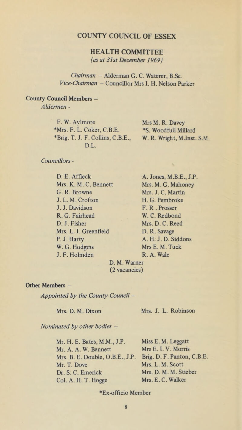 COUNTY COUNCIL OF ESSEX HEALTH COMMITTEE (as at 31st December 1969) Chairman - Alderman G. C. Waterer, B.Sc. Vice-Chairman - Councillor Mrs I. H. Nelson Parker County Council Members - Aldermen - F. W. Aylmore *Mrs. F. L. Coker, C.B.E. *Brig. T. J. F. Collins, C.B.E., D.L. Councillors - Mrs M. R. Davey *S. Woodfull Millard W. R. Wright, M.Inst. S.M. D. E. Affleck Mrs. K. M. C. Bennett G. R. Browne J. L. M. Crofton J. J. Davidson R. G. Fairhead D.J. Fisher Mrs. L. I. Greenfield P. J. Harty W. G. Hodgins A. Jones, M.B.E., JP. Mrs. M. G. Mahoney Mrs. J. C. Martin H. G. Pembroke F. R . Prosser W. C. Redbond Mrs. D. C. Reed D. R. Savage A. H. J. D. Siddons Mrs E. M. Tuck J. F.Holmden R. A. Wale D. M. Warner (2 vacancies) Other Members — Appointed by the County Council - Mrs. D. M. Dixon Nominated by other bodies - Mrs. J. L. Robinson Mr. H. E. Bates, M.M., JP. Mr. A. A. W. Bennett Miss E. M. Leggatt Mrs E. I. V. Morris Mrs. B. E. Double, O.B.E., JP. Brig. D. F. Panton, C.B.E. Mr. T. Dove Dr. S'. C. Emerick Col. A. H. T. Hogge Mrs. L. M. Scott Mrs. D. M. M. Stieber Mrs. E.C. Walker *Ex-officio Member