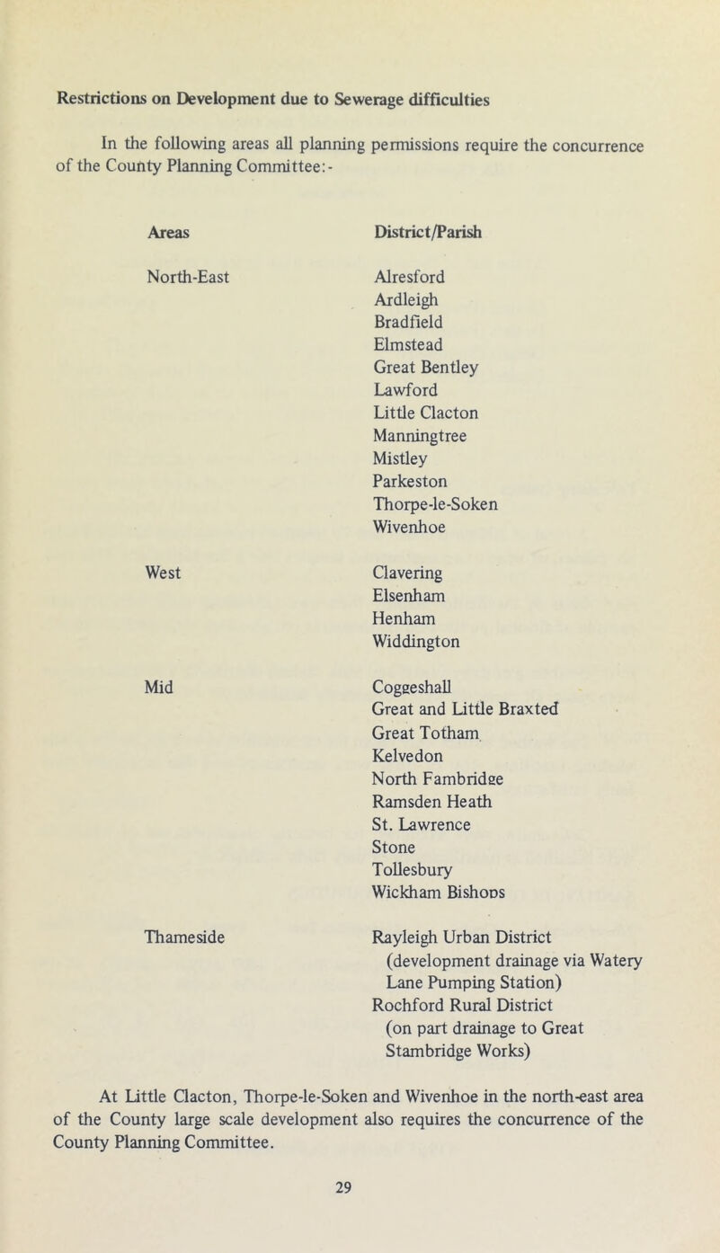 Restrictions on Development due to Sewerage difficulties In the following areas all planning permissions require the concurrence of the County Planning Committee: - Areas District/Parish North-East Alresford Ardleigh Bradfield Elm stead Great Bentley Lawford Little Clacton Manningtree Mistley Parke ston Thorpe-le-Soken Wivenhoe West Clavering Elsenham Henham Widdington Mid Coggeshall Great and Little Braxted Great Totham Kelvedon North Fambridge Ramsden Heath St. Lawrence Stone Tollesbury Wickham Bishops Thame side Rayleigh Urban District (development drainage via Watery Lane Pumping Station) Rochford Rural District (on part drainage to Great Stambridge Works) At Little Clacton, Thorpe-le-Soken and Wivenhoe in the north-east area of the County large scale development also requires the concurrence of the County Planning Committee.