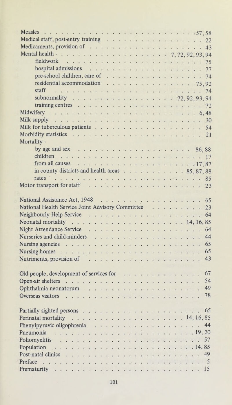 Measles 57,58 Medical staff, post-entry training 22 Medicaments, provision of 43 Mental health - 7,72,92,93,94 fieldwork 75 hospital admissions 77 pre-school children, care of 74 residential accommodation 75, 92 staff 74 subnormality 72,92,93,94 training centres 72 Midwifery 6,48 Milk supply 30 Milk for tuberculous patients 54 Morbidity statistics 21 Mortality - by age and sex 86, 88 children 17 from all causes 17,87 in county districts and health areas 85, 87, 88 rates 85 Motor transport for staff 23 National Assistance Act, 1948 65 National Health Service Joint Advisory Committee 23 Neighbourly Help Service 64 Neonatal mortality 14,16,85 Night Attendance Service 64 Nurseries and child-minders 44 Nursing agencies 65 Nursing homes 65 Nutriments, provision of 43 Old people, development of services for 67 Open-air shelters 54 Ophthalmia neonatorum 49 Overseas visitors 78 Partially sighted persons 65 Perinatal mortality 14,16,85 Phenylpyruvic oligophrenia 44 Pneumonia 19, 20 Poliomyelitis 57 Population 14, 85 Post-natal clinics 49 Preface 5 Prematurity 15