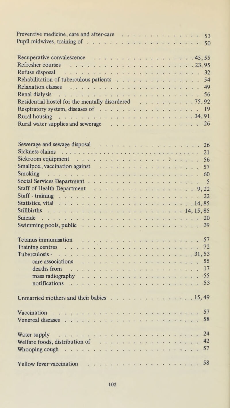 Preventive medicine, care and after-care 53 Pupil midwives, training of 50 Recuperative convalescence 45,55 Refresher courses 23,95 Refuse disposal 32 Rehabilitation of tuberculous patients 54 Relaxation classes 49 Renal dialysis 56 Residential hostel for the mentally disordered 75. 92 Respiratory system, diseases of 19 Rural housing 34,91 Rural water supplies and sewerage 26 Sewerage and sewage disposal 26 Sickness claims 21 Sickroom equipment 56 Smallpox, vaccination against 57 Smoking 60 Social Services Department 5 Staff of Health Department . . 9,22 Staff - training 22 Statistics, vital 14, 85 Stillbirths 14,15,85 Suicide 20 Swimming pools, public 39 Tetanus immunisation 57 Training centres 72 Tuberculosis - 31,53 care associations 55 deaths from 17 mass radiography 55 notifications 53 Unmarried mothers and their babies 15,49 Vaccination 57 Venereal diseases 58 Water supply 24 Welfare foods, distribution of 42 Whooping cough 57 Yellow fever vaccination 58