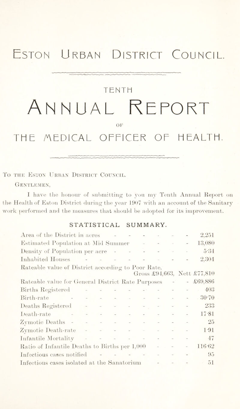 Eston Urban District Council. TENTH Annual Report OF THE AEDICAL OFFICER OF HEALTH. To THF Kstox Urban District Council. Gextlilaien, I have tlie lioiiour of siihinittiiio; to you my Tenth Annual Report on ear 1907 with an account of the Sanitary work performed and the measures that should be adopted for its improvement. the Health of Uston District durino; the y STATISTICAL SUMMARY. Area of the District in acres ------ 2,251 Hslimated Population at Mid Summer _ - - 13,080 Density of J’opiihition per acre . - - - . 5‘31 Inhabited Houses ----- . - - 2,304 Rateable value of District accordii'g to Poor Rate, Gross £94,()()3, Nett £77,810 Ratealole value for General Disti'ict Rate Pur])oses - - £69,880 P>irths Registered -------- 403 I)irth-rate - - - - - - - * - 30 TO Deaths Reiristered - - - . - Death-rate ------ Zymotic Deaths ------ Zymotic 1 )eath-rate ----- lidantile Mortality - - _ - - Ratio of Infantile Deaths to Births jier 1,000 Infectious cases notified - - - - Infectious cases isolated at the Sanatorium 4)00 17-81 25 1-91 47 11002 95 51