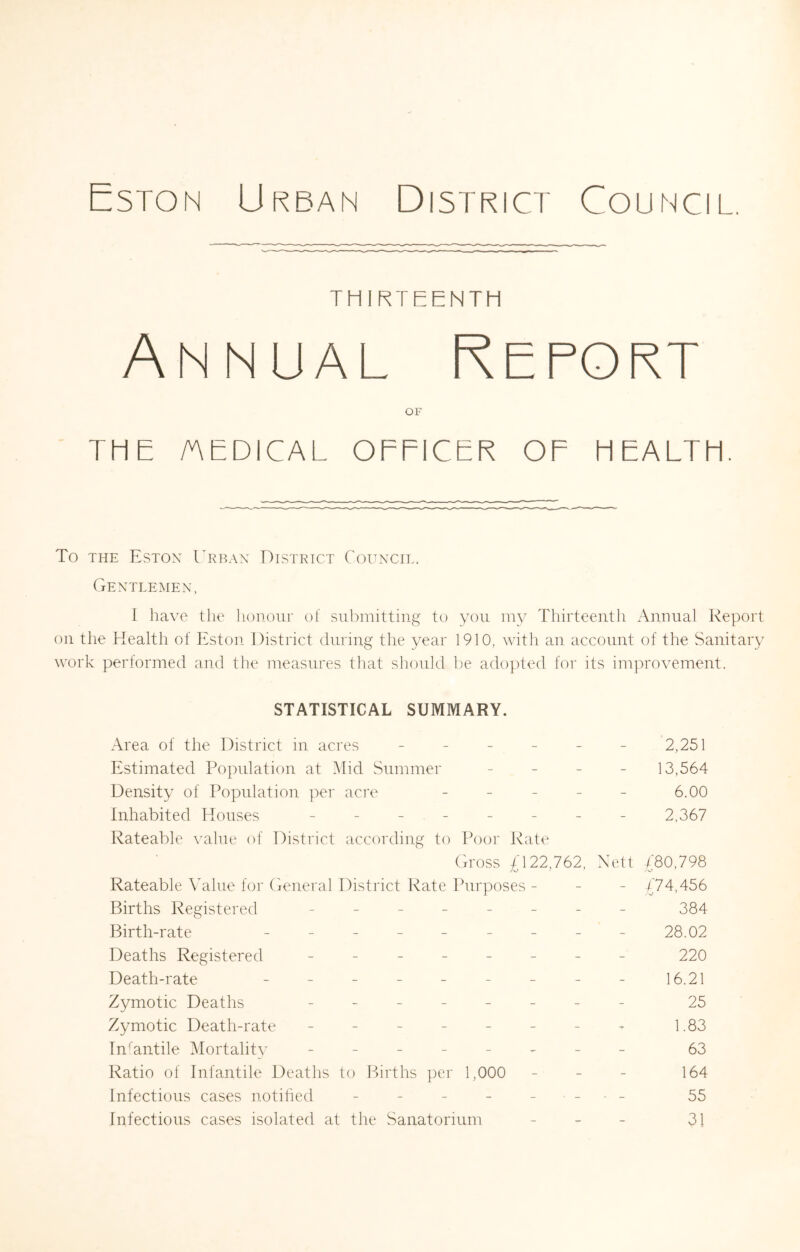 Eston Urban District Council. THIRTEENTH Annual Report OF THE /AEDICAL OFFICER OF HEALTH. To THE Eston Urban District Council. Gentlemen, 1 have the honour of submitting to you my Thirteenth Annual Report on the Health of Eston District during the year 1910, with an account of the Sanitary work perlormed and the measures that should be adopted for its improvement. STATISTICAL SUMMARY. Area of the District in acres 2,251 Estimated Population at Mid Summer _ _ _ _ 13,564 Density of Population per acre - - - - - 6.00 Inhabited Houses - 2,367 Rateable value of District according to Poor Jvate Gross /122,762, Nett /80,798 Rateable Value for General District Rate Purposes - - - /74^456 Births Registered - -- -- -- - 384 Birth-rate - - - - - - - - - 28.02 Deaths Registered - -- -- -- - 220 Death-rate - - - - - - - - - 16.21 Zymotic Deaths - -- -- -- - 25 Zymotic Death-rate - - - - - - - - 1.83 Tn'antile Mortality - -- -- ^- - 63 Ratio of Infantile Deaths to Births per 1,000 - - - 164 Infectious cases notified - - - - - 55 Infectious cases isolated at the Sanatorium - - - 31