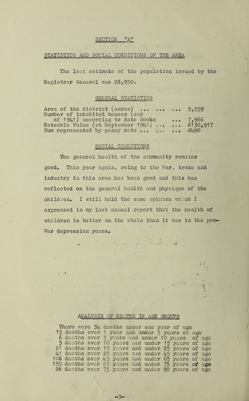 SECTION ''A STATISTICS AND SOCIAL CONDITIONS OF THE. .AREA The last estimate of the population issued hy the Registrar General was 28,950o GENERAL STATISTICS Area of the district (acres) o.. 5^559 Number of inhabited houses (end of 1940 according to Rate Books o.. 1,3^^ Rateable Value (at September 1940 ^130,917 Sum represented by penny rate .. « ,, ,. # £490 SOCIAL CONDITIONS ; r 3 • ** ■ ' The general health of the ccmmunity remains good. This year againy owing to the War,, trade and industry in this area has been good and this has reflected on the general health and physique of the children, I still hold the same opinion which I expressed in my last annual report that the health of children is better on the whole than it was in the pre- V/ar depression years. ANALYSIS OF DEATHS IN AGE GROUPS There were 34 deaths under one year of age 13 deaths over 1 : year and under 5 years of age 6 deaths over 3 years and 1 under 10 ; years of ago 5 deaths over 10 years and under 15 years of ago 21 deaths over 15 years and under 25 years of age 41 deaths over 25 years and under 45 years of age 106 deaths over 45 years and under 65 years of age 150 deaths over 65 years and under 75 years of ago 26 deaths over 75 years and under 90 years of age