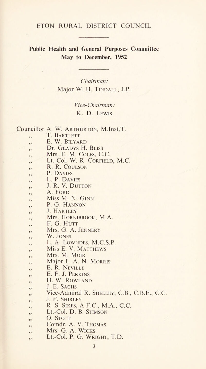 Public Health and General Purposes Committee May to December, 1952 Chairman: Major W. H. Tindall, J.P. Vice-Chairman: K. D. Lewis Councillor A. W. Arthurton, MTnstT. „ T. Bartlett ,, E. W. Bilyard „ Dr. Gladys H. Bliss „ Mrs. E. M. Coles, C.C. „ Lt.-Col. W. R. CORFIELD, M.C. „ R. R. COULSON „ P. Davies „ L. P. Davies „ J. R. V. Dutton „ A. Ford „ Miss M. N. Ginn „ P. G. Hannon „ J. Hartley „ Mrs. Hornibrook, M.A. „ F. G. Hutt „ Mrs. G. A. Jennery „ W. Jones „ L. A. Lowndes, M.C.S.P. „ Miss E. V. Matthews „ Mrs. M. Moir „ Major L. A. N. Morris „ E. R. Neville ,, E. F. J. Perkins „ H. W. Rowland „ J. E. Sachs „ Vice-Admiral R. Shelley, C.B., C.B.E., C.C. „ J. F. Shirley „ R. S. Sikes, A.F.C., M.A., C.C. „ Lt.-Col. D. B. Stimson „ O. Stott „ Comdr. A. V. Thomas „ Mrs. G. A. Wicks „ Lt.-Col. P. G. Wright, T.D.