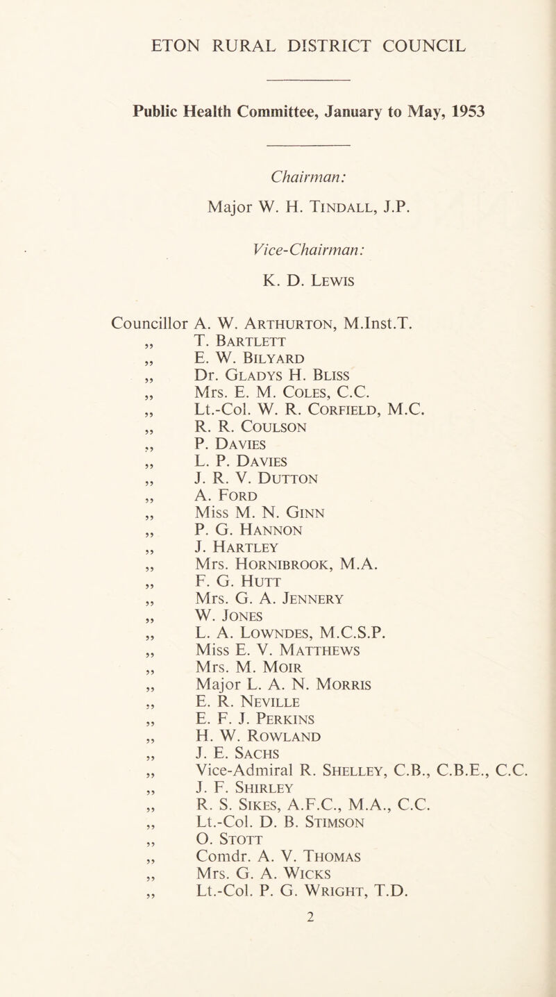 Public Health Committee, January to May, 1953 Chairman: Major W. H. Tindall, J.P. Vice-Chairman: K. D. Lewis Councillor A. W. Arthurton, M.Inst.T. „ T. Bartlett „ E. W. Bilyard „ Dr. Gladys H. Bliss „ Mrs. E. M. Coles, C.C. „ Lt.-Col. W. R. CORFIELD, M.C. „ R. R. COULSON ,, P. Davies „ L. P. Davies „ J. R. V. Dutton „ A. Ford „ Miss M. N. Ginn „ P. G. Hannon „ J. Hartley „ Mrs. Hornibrook, M.A. „ F. G. Hutt „ Mrs. G. A. Jennery „ W. Jones „ L. A. Lowndes, M.C.S.P. „ Miss E. V. Matthews „ Mrs. M. Moir „ Major L. A. N. Morris „ E. R. Neville „ E. F. J. Perkins „ H. W. Rowland „ J. E. Sachs „ Vice-Admiral R. Shelley, C.B., C.B.E., C.C. „ J. F. Shirley „ R. S. Sikes, A.F.C., M.A., C.C. „ Lt.-Col. D. B. Stimson „ O. Stott „ Comdr. A. V. Thomas „ Mrs. G. A. Wicks „ Lt.-Col. P. G. Wright, T.D.