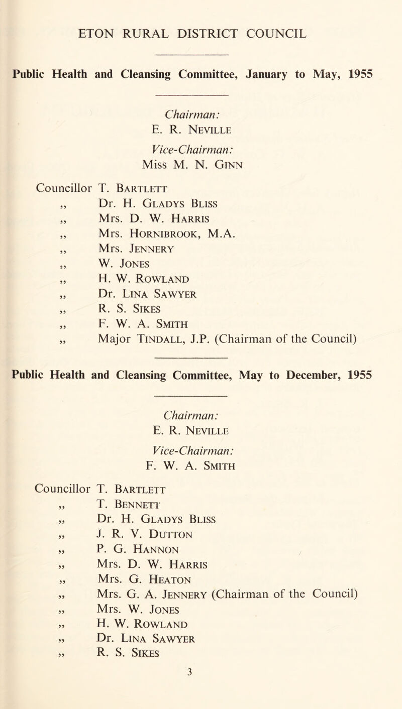 Public Health and Cleansing Committee, January to May, 1955 Chairman: E. R. Neville Vice-Chairman: Miss M. N. Ginn Councillor T. Bartlett „ Dr. H. Gladys Bliss „ Mrs. D. W. Harris „ Mrs. Hornibrook, M.A. „ Mrs. Jennery „ W. Jones „ H. W. Rowland „ Dr. Lina Sawyer „ R. S. Sikes „ F. W. A. Smith „ Major Tindall, J.P. (Chairman of the Council) Public Health and Cleansing Committee, May to December, 1955 Chairman: E. R. Neville Vice- Chairman: F. W. A. Smith Councillor T. Bartlett „ T. Benneti „ Dr. H. Gladys Bliss „ J. R. V. Dutton „ P. G. Hannon „ Mrs. D. W. Harris „ Mrs. G. Heaton „ Mrs. G. A. Jennery (Chairman of the Council) „ Mrs. W. Jones „ H. W. Rowland „ Dr. Lina Sawyer „ R. S. Sikes