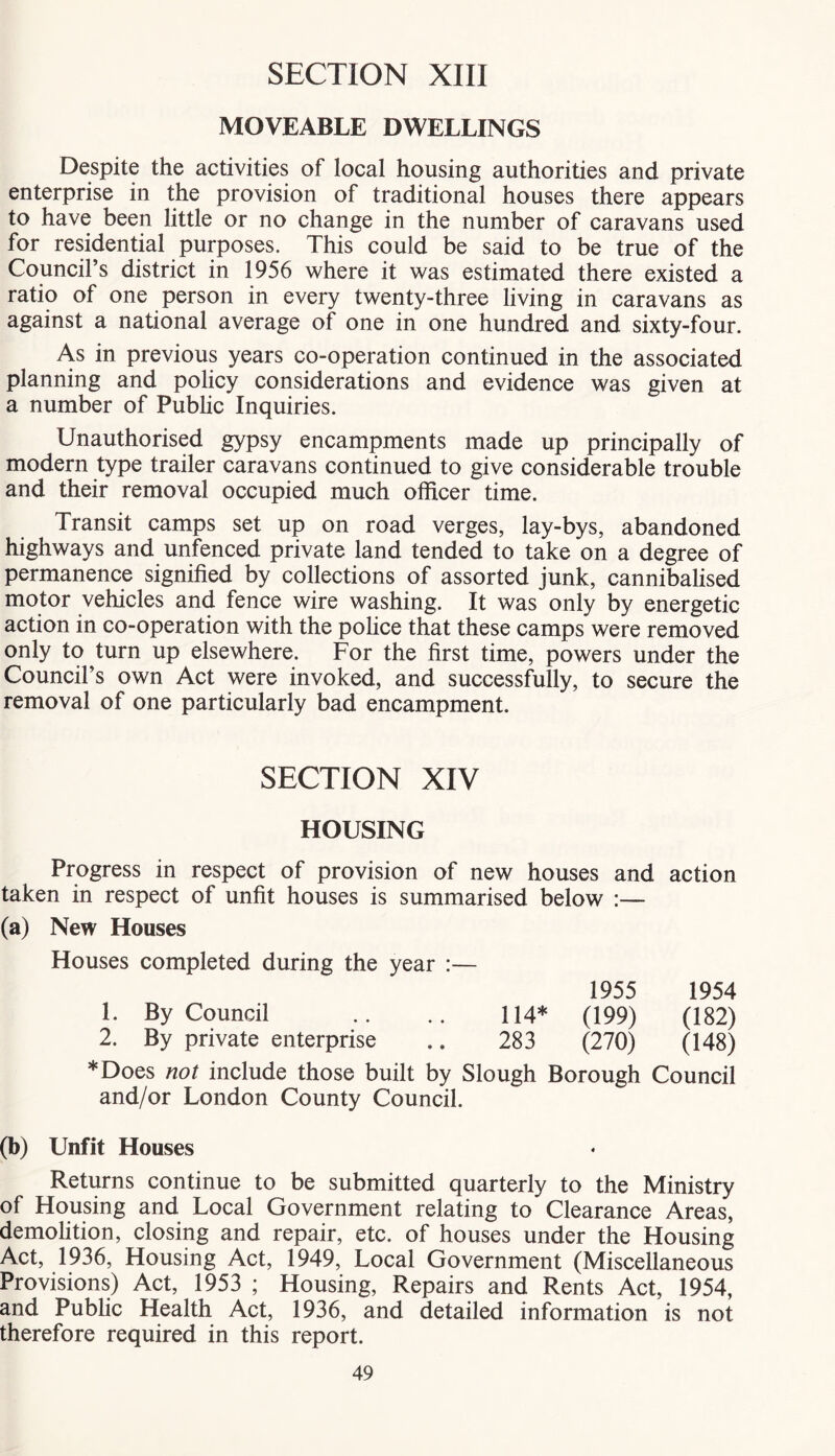 MOVEABLE DWELLINGS Despite the activities of local housing authorities and private enterprise in the provision of traditional houses there appears to have been little or no change in the number of caravans used for residential purposes. This could be said to be true of the Council’s district in 1956 where it was estimated there existed a ratio of one person in every twenty-three living in caravans as against a national average of one in one hundred and sixty-four. As in previous years co-operation continued in the associated planning and policy considerations and evidence was given at a number of Pubhc Inquiries. Unauthorised gypsy encampments made up principally of modern type trailer caravans continued to give considerable trouble and their removal occupied much officer time. Transit camps set up on road verges, lay-bys, abandoned highways and unfenced private land tended to take on a degree of permanence signified by collections of assorted junk, cannibalised motor vehicles and fence wire washing. It was only by energetic action in co-operation with the pohce that these camps were removed only to turn up elsewhere. For the first time, powers under the Council’s own Act were invoked, and successfully, to secure the removal of one particularly bad encampment. SECTION XIV HOUSING Progress in respect of provision of new houses and action taken in respect of unfit houses is summarised below ;— (a) New Houses Houses completed during the year :— 1955 1954 1. By Council .. .. 114* (199) (182) 2. By private enterprise .. 283 (270) (148) *Does not include those built by Slough Borough Council and/or London County Council. (b) Unfit Houses Returns continue to be submitted quarterly to the Ministry of Housing and Local Government relating to Clearance Areas, demohtion, closing and repair, etc. of houses under the Housing Act, 1936, Housing Act, 1949, Local Government (Miscellaneous Provisions) Act, 1953 ; Housing, Repairs and Rents Act, 1954, and Pubhc Health Act, 1936, and detailed information is not therefore required in this report.