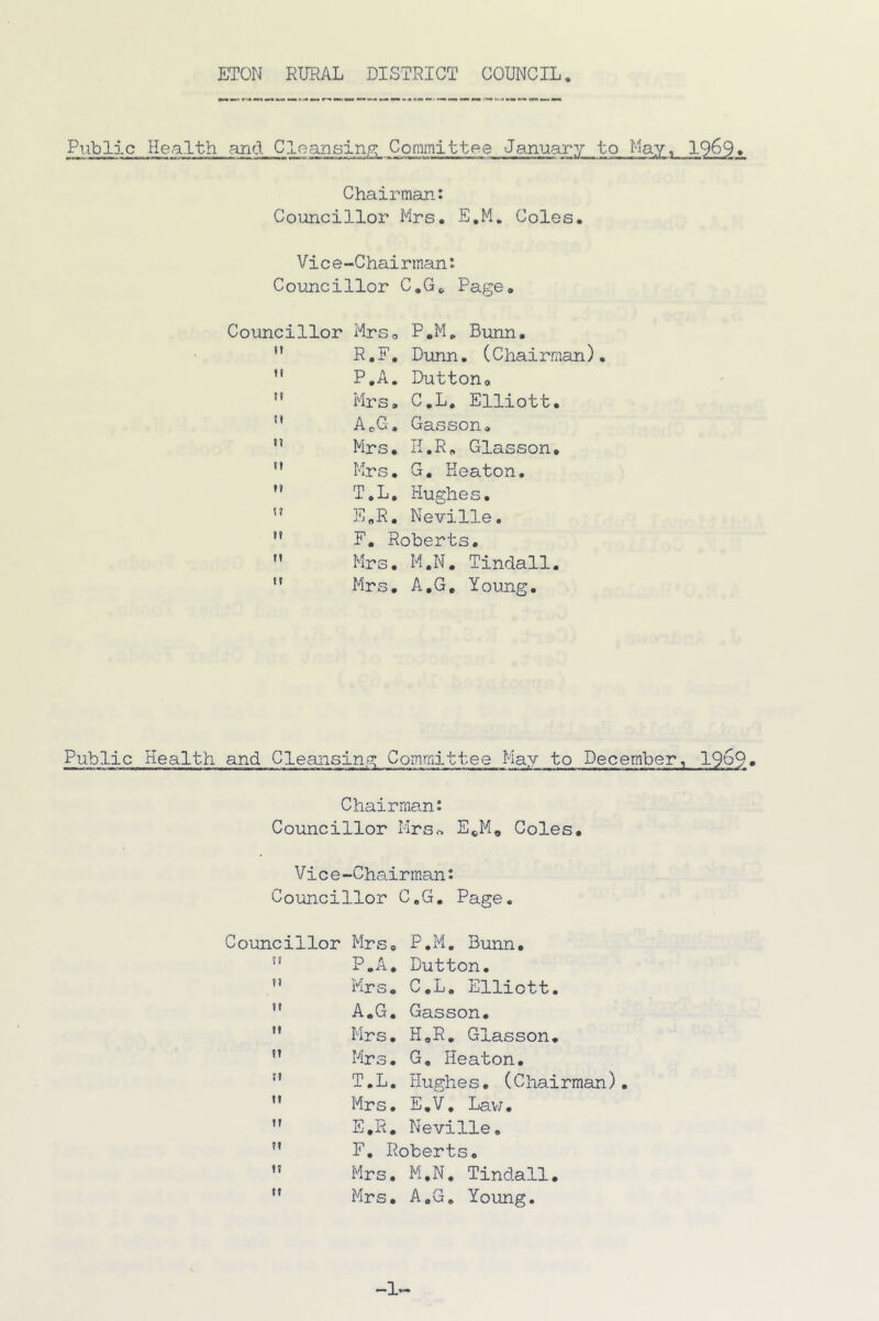 Publj.c Health and C?uear3sinp: Committee January Chairman: Councillor Mrs. E.M, Coles. Vice-Chairman: Councillor C.G^ Page. Councillor Mrs. P.Mp Bunn. It R.F, Dunn. (Chairman) It P.A. Dutton. H Mrs, C.L. Elliott. n AcG. Gasson. n Mrs. n.R. Glasson, 11 Mrs. G, Keaton. If T.L. Hughes. It E.R. Neville. II F. Roberts. 11 Mrs. M.N, Tindall. 11 Mrs, A.G, Young. Public Health and Cleansing Committee May to December, 1969* Chairman: Councillor Mrso Coles. Vice-Chairman: Councillor C.G, Page. Councillor Mrs. P.M, Bunn, ii P.A, Dutton. II Mrs. C.L. Elliott. It A.G, Gasson, 11 Mrs. H.R, Glasson. IT Mrs, G, Heaton. n T.L. Hughes, (Chairman 11 Mrs. E.V, Lav;. 11 E.R, Neville, 11 F. Roberts, It Mrs, M.N, Tindall, 11 Mrs, A.G. Young. -L