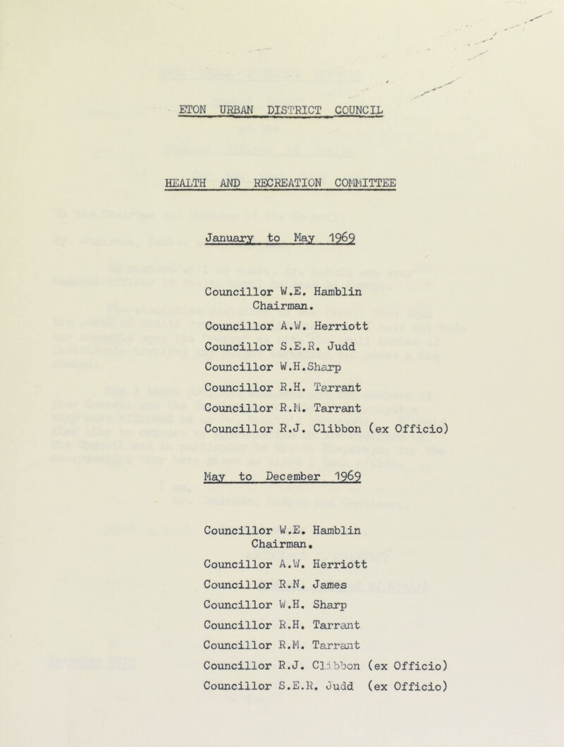 HEALTH AND RECREATION COM^iITTEE January to May 1969 Councillor V/.E, Hamblin Chairman. Councillor A.W, Herriott Councillor S.E.R. Judd Councillor W.H.Sharp Councillor R.H. Tarrant Councillor R.M. Tarrant Councillor R.J. Clibbon (ex Officio) May to December 1969 Councillor W.E. Hamblin Chairman • Councillor A.IV, Herriott Councillor R,N. James Councillor Vi/,H, Sharp Coimcillor R.H, Tarrant Councillor R.M, Tarrant Councillor R.J. Clibbon (ex Officio) Councillor S.E.R, Judd (ex Officio)