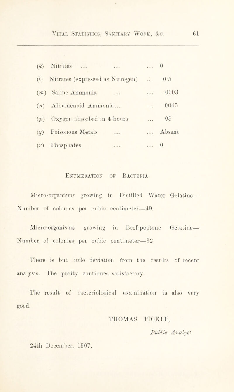 (k) Nitrites ... ... ... 0 (/; Nitrates (expressed as Nitrogen) ... 0‘5 (m) Saline Ammonia ... ... '0003 (n) Albumenoid Ammonia... ... '0045 (p) Oxygen absorbed in 4 hours ... '05 (q) Poisonous Metals ... ... Absent (r) Phosphates ... ... 0 Enumeration of Bacteria. Micro-organisms growing in Distilled Water Gelatine— Number of colonies per cubic centimeter—49. Micro-organisms growing in Beef-peptone Gelatine— Number of colonies per cubic centimeter—32 There is but little deviation from the results of recent analysis. The purity continues satisfactory. The result of bacteriological examination is also very good. THOMAS TICKLE, Public Analyst.