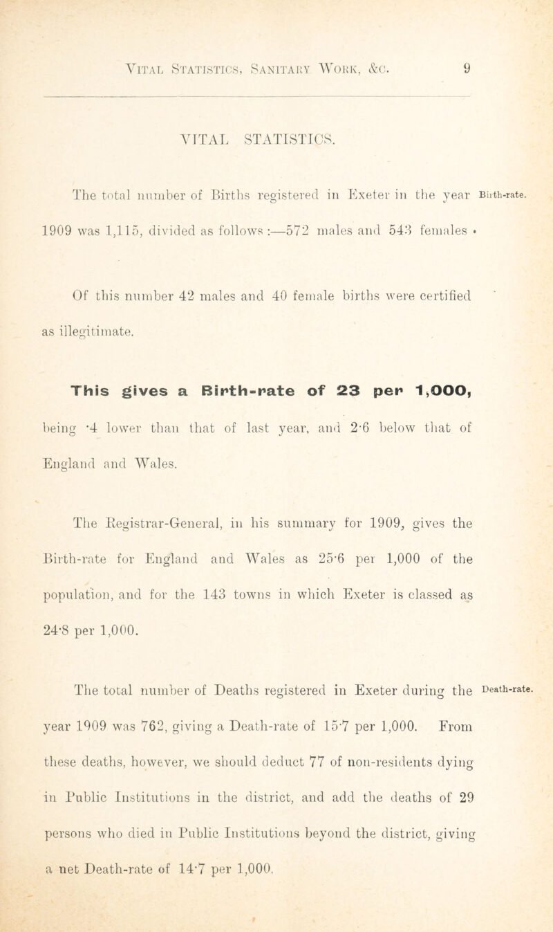 VITAL STATISTICS. The total number of Births registered in Exeter in the year 1909 was 1,115, divided as follows :—572 males and 543 females * Of this number 42 males and 40 female births were certified as illegitimate. This gives a B5r»th-r>ate of 23 per* 1.000, being *4 lower than that of last year, and 2-6 below that of England and Wales. The Registrar-General, in his summary for 1909, gives the Birth-rate for England and Wales as 25*6 per 1,000 of the population, and for the 143 towns in which Exeter is classed as 24-8 per 1,000. The total number of Deaths registered in Exeter during the year 1909 was 762, giving a Death-rate of 15*7 per 1,000. From these deaths, however, we should deduct 77 of non-residents dying in Public Institutions in the district, and add the deaths of 29 persons who died in Public Institutions beyond the district, giving a net Death-rate of 14*7 per 1,000.