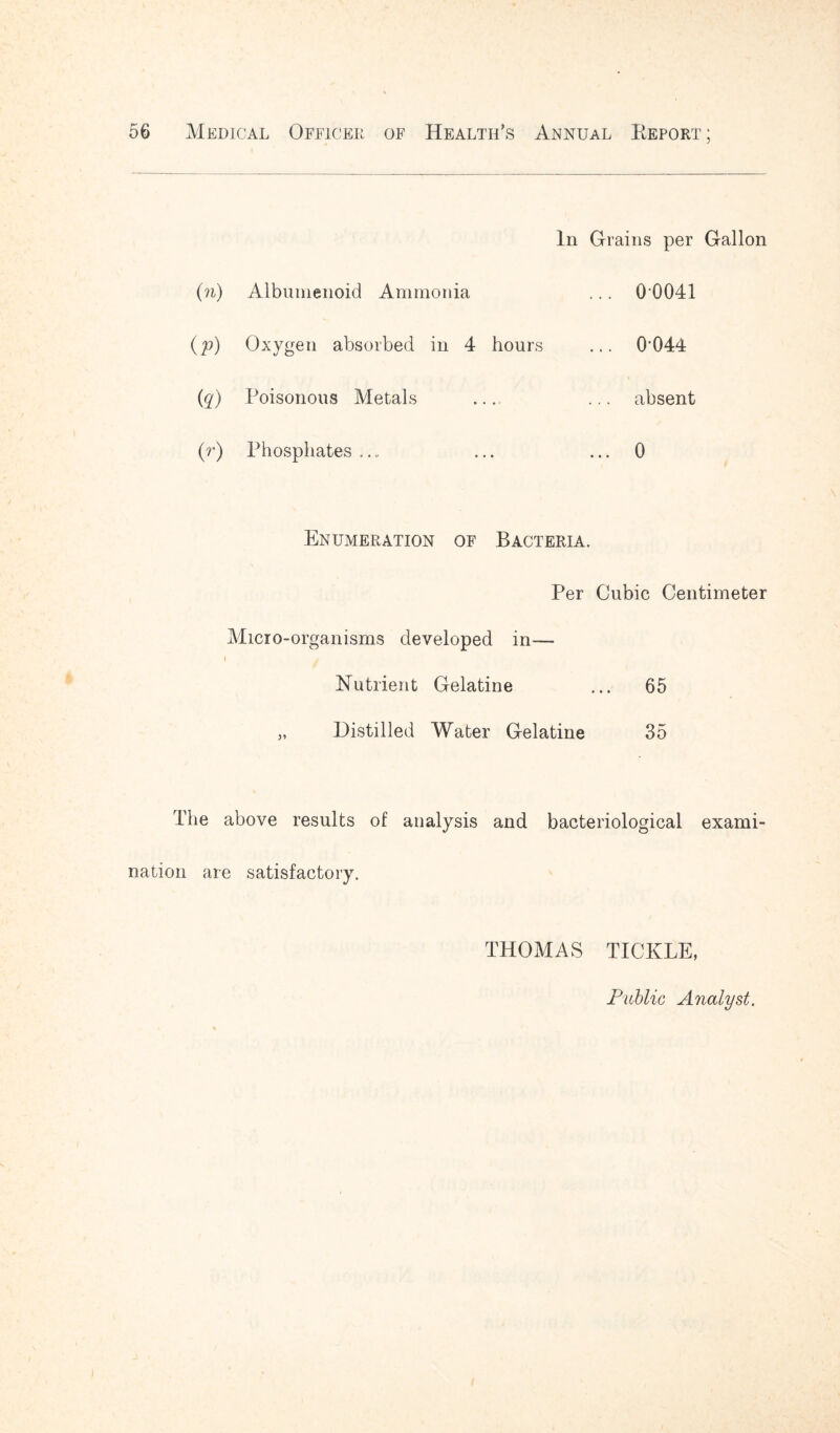 In Grains per Gallon (n) Albunienoid Ammonia ... 0 0041 (p) Oxygen absorbed in 4 hours ... 0,044 (q) Poisonous Metals ... ... absent (r) Phosphates .... ... ... 0 Enumeration of Bacteria. Per Cubic Centimeter Micio-organisms developed in— Nutrient Gelatine ... 65 „ Distilled Water Gelatine 35 The above results of analysis and bacteriological exami- nation are satisfactory. THOMAS TICKLE,