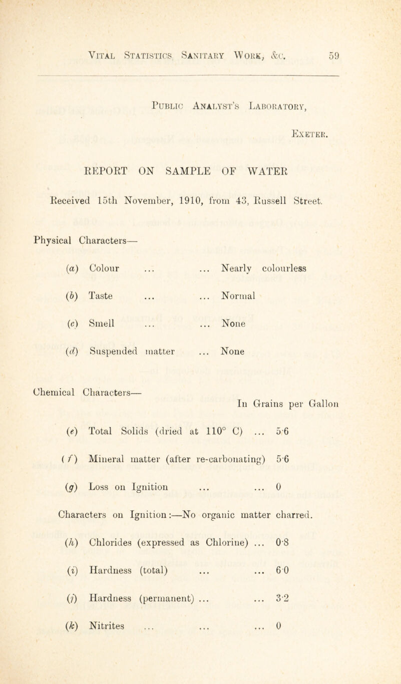 Public Analyst’s Laboratory, Exeter. REPORT ON SAMPLE OF WATER Received 15th November, 1910, from 43, Russell Street. Physical Characters— (a) Colour (b) Taste (c) Smell (d) Suspended matter Nearly colourless •/ Normal None None Chemical Characters— In Grains per Gallon (e) Total Solids (dried at 110° C) ... 56 ( f) Mineral matter (after re-carbonating) 5 6 (g) Loss on Ignition ... ... 0 Characters on Ignition:—No organic matter charred. (h) Chlorides (expressed as Chlorine) ... 08 (i) Hardness (total) ... ... 6 0 (?) Hardness (permanent) ... ... 32 (k) Nitrites » ♦ * ♦ ft 0