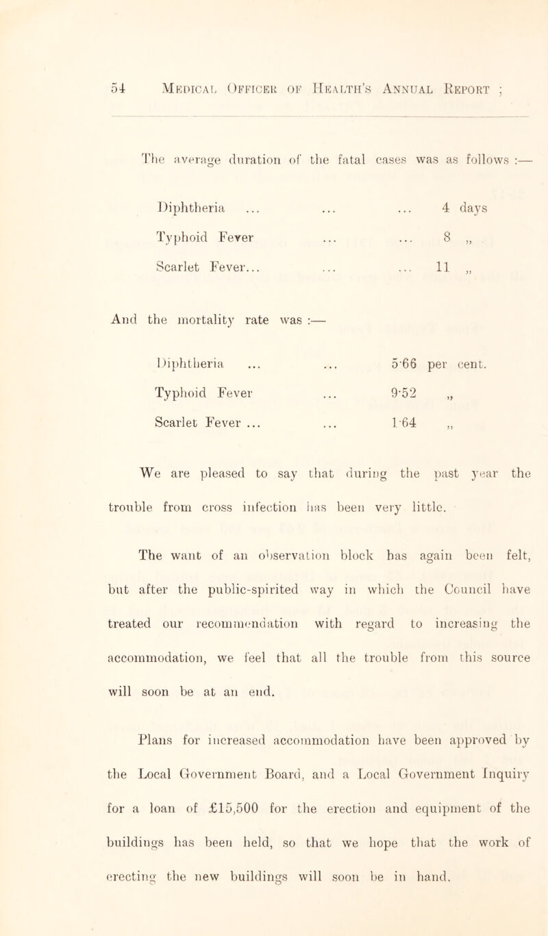 The average duration of the fatal cases was as follows :— Diphtheria Typhoid Fever Scarlet Fever... And the mortality rate was :— Diphtheria Typhoid Fever Scarlet Fever ... 4 8 11 days 5? 5'68 per cent. 9-52 F64 ?) We are pleased to say that during the past year the trouble from cross infection iias been very little. The want of an observation block has again been felt, but after the public-spirited way in which the Council have treated our recommendation with regard to increasing the accommodation, we feel that all the trouble from this source will soon be at an end. Plans for increased accommodation have been approved bv the Local Government Board, and a Local Government Inquiry for a loan of £15,500 for the erection and equipment of the buildings has been held, so that we hope that the work of erecting the new buildings will soon be in hand.