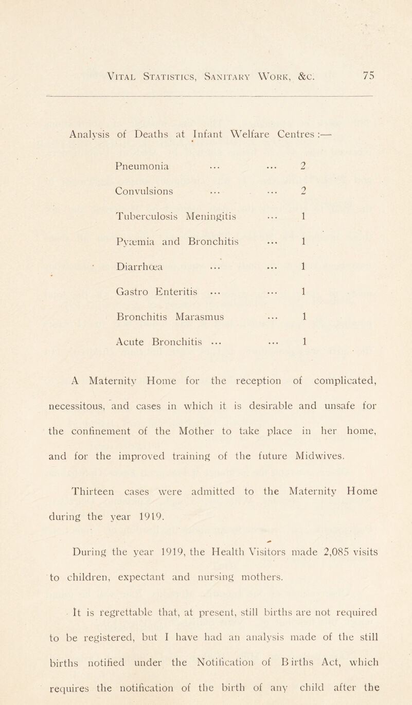 Analysis of Deaths at Infant Welfare Centres Pneumonia . ••• 2 Convulsions . •• ••• 2 Tuberculosis Meningitis • •• 1 Pyaemia and Bronchitis ... 1 Diarrhoea ••• ••• 1 Gastro Enteritis ... ••• 1 Bronchitis Marasmus ••• 1 Acute Bronchitis ... ••• 1 A Maternity Home for the reception of complicated, necessitous, and cases in which it is desirable and unsafe for the confinement of the Mother to take place in her home, and for the improved training of the future Midwives. Thirteen cases were admitted to the Maternity Home during the year 1919. During the year 1919, the Health Visitors made 2,085 visits to children, expectant and nursing mothers. It is regrettable that, at present, still births are not required to be registered, but I have had an analysis made of the still births notified under the Notification of Births Act, which requires the notification of the birth of any child after the