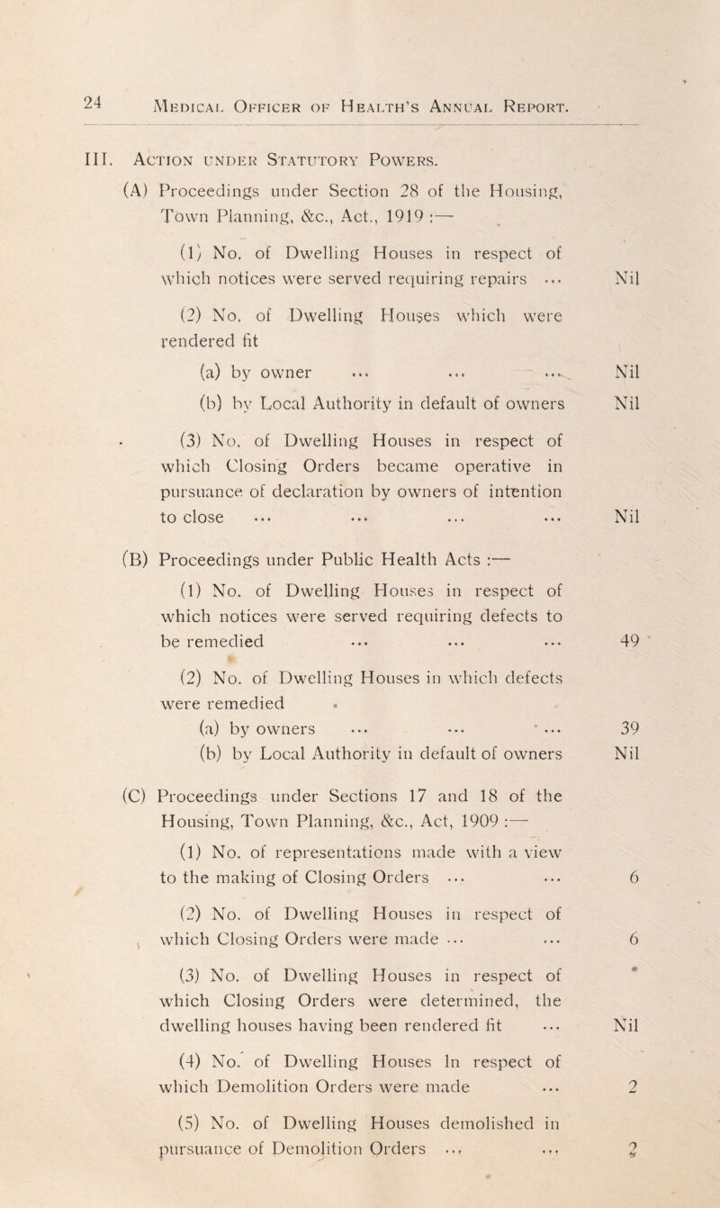 III. Action under Statutory Powers. (A) Proceedings under Section 28 of the Housing, Town Planning, &c., Act., 1919 :—- (1) No, of Dwelling Houses in respect of which notices were served requiring repairs ... Nil (2) No. of Dwelling Houses which were rendered fit (a) by owner ... ... ... Nil (b) by Local Authority in default of owners Nil (3) No, of Dwelling Houses in respect of which Closing Orders became operative in pursuance of declaration by owners of intention to close ... ... ... ... Nil (B) Proceedings under Public Health Acts :— (l) No. of Dwelling Houses in respect of which notices were served requiring defects to be remedied (2) No. of Dwelling Houses in which defects were remedied * (a) by owners ... (b) by Local Authority in default of owners (C) Proceedings under Sections 17 and 18 of the Housing, Town Planning, &c., Act, 1909 :— (1) No. of representations made with a view to the making of Closing Orders ... (2) No. of Dwelling Houses in respect of which Closing Orders were made ••• (3) No. of Dwelling Houses in respect of which Closing Orders were determined, the dwelling houses having been rendered fit (4) No. of Dwelling Houses In respect of which Demolition Orders were made (5) No. of Dwelling Houses demolished in pursuance of Demolition Orders ... 39 Nil 6 6 Nil 2 2 • ♦ ?