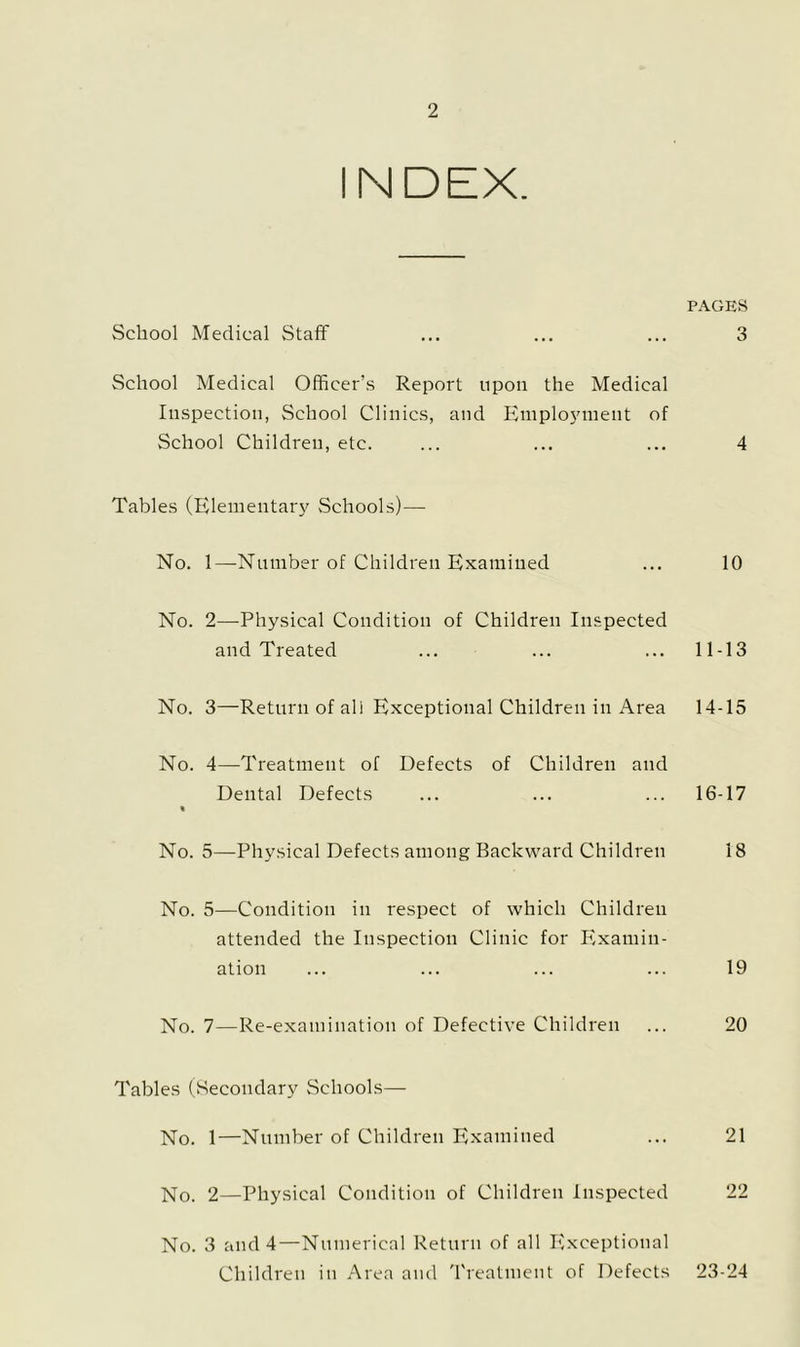 INDEX. PAGES School Medical Staff ... ... ... 3 School Medical Officer’s Report upon the Medical Inspection, School Clinics, and Emplo5nnent of School Children, etc. ... ... ... 4 Tables (Eleinentarj^ Schools)— No. 1—Number of Children Examined ... 10 No. 2—-Physical Condition of Children Inspected and Treated ... ... ... 11-13 No. 3—Return of all Exceptional Children in Area 14-15 No. 4—Treatment of Defects of Children and Dental Defects ... ... ... 16-17 % No. 5—Physical Defects among Backward Children 18 No. 3—Condition in respect of which Children attended the Inspection Clinic for Examin- ation ... ... ... ... 19 No. 7—Re-examination of Defective Children ... 20 Tables (Secondary vSchools— No. 1—Number of Children Examined ... 21 No. 2—Physical Condition of Children Inspected 22 No. 3 and 4—Numerical Return of all Exceptional Children in Area and 'rreatmeiit of Defects 23-24