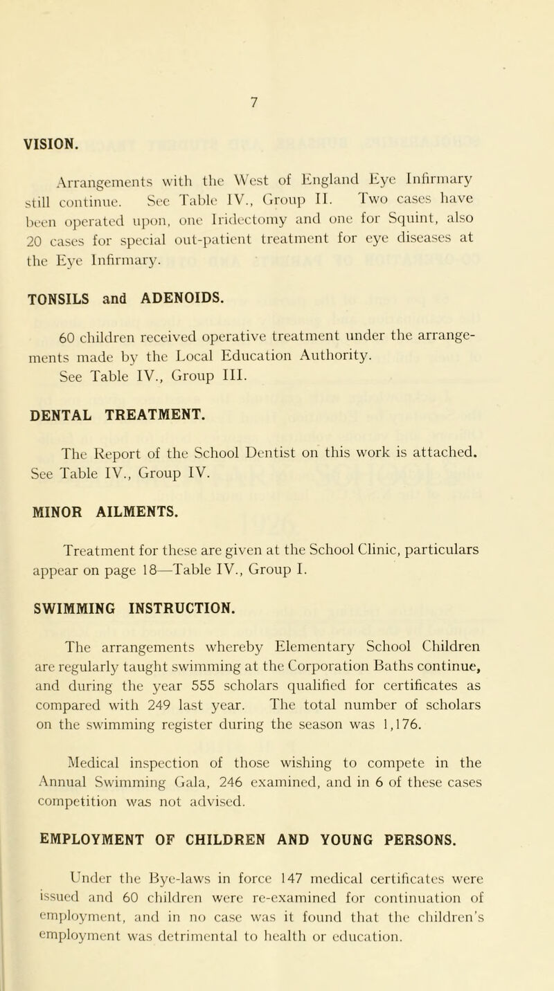 VISION. Arrangements with the West of England Eye Infirmary still continue. See lahle IV., (iroup IE Iwo cases have been operated upon, one Iridectomy and one for Squint, also 20 cases for special ont-patient treatment for eye diseases at the Eye Infirmary. TONSILS and ADENOIDS. 60 children received operative treatment under the arrange- ments made by the Local Education Authority. See Table IV., Group III. DENTAL TREATMENT. The Report of the School Dentist on this work is attached. See Table IV., Group IV. MINOR AILMENTS. Treatment for these are given at the School Clinic, particulars appear on page 18—Table IV., Group I. SWIMMING INSTRUCTION. The arrangements whereby Elementary School Children are regularly taught swimming at the Corporation Baths continue, and during the year 555 scholars qualified for certificates as compared with 249 last year. The total number of scholars on the swimming register during the season was 1,176. Medical inspection of those wishing to compete in the Annual Swimming Gala, 246 c.xamined, and in 6 of these cases competition was not advised. EMPLOYMENT OF CHILDREN AND YOUNG PERSONS. Under the Bye-laws in force 147 medical certificates were issued and 60 children were re-e.\amined for continuation of employment, and in no case was it found that the children’s employment was detrimental to health or education.