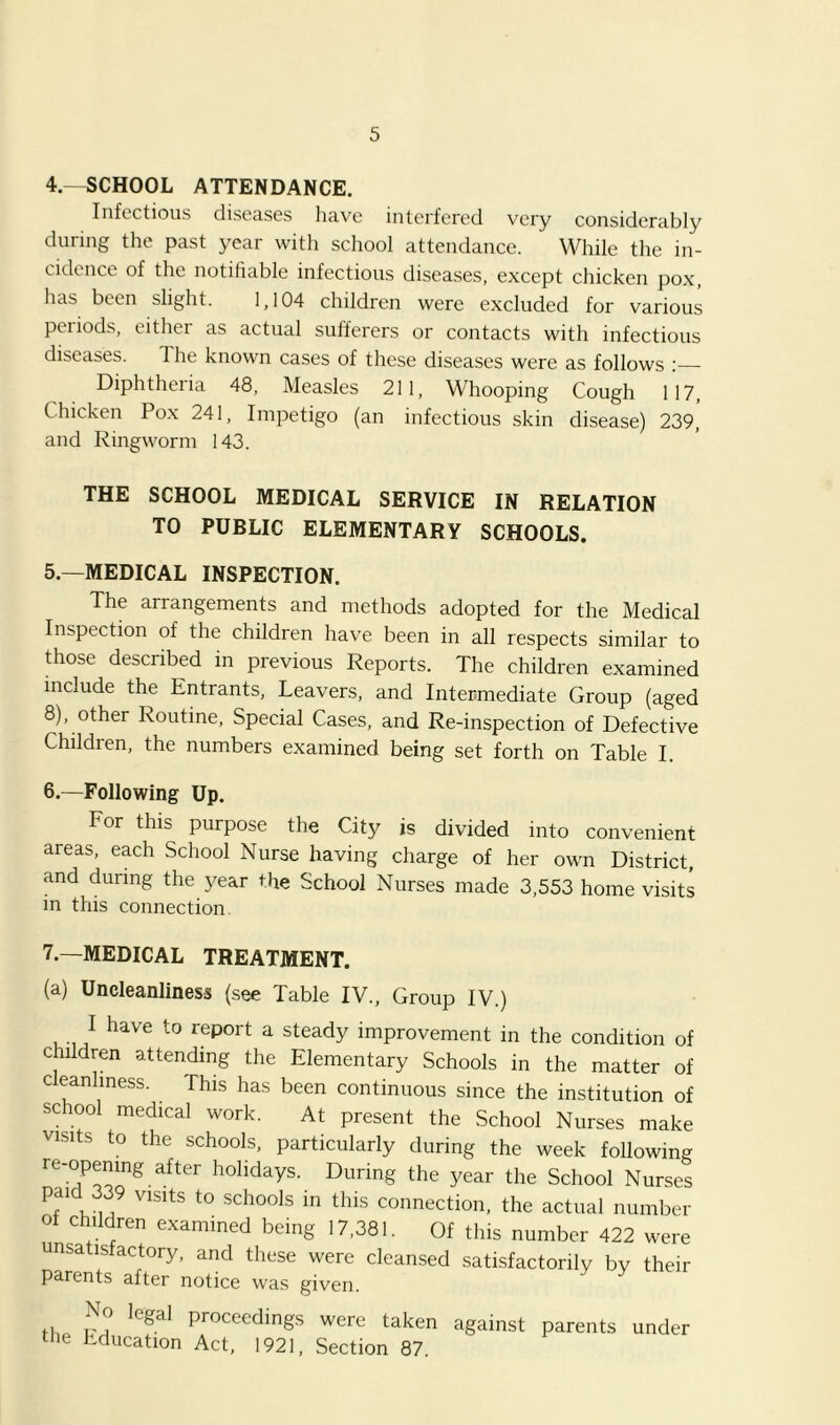 4—SCHOOL ATTENDANCE. Infectious diseases have interfered very considerably during the past year with school attendance. While the in- cidence of the notifiable infectious diseases, except chicken pox, has been slight. 1,104 children were excluded for various periods, either as actual sufferers or contacts with infectious diseases. The known cases of these diseases were as follows ;— Diphtheria 48, Measles 211, Whooping Cough 117, Chicken Pox 241, Impetigo (an infectious skin disease) 239, and Ringworm 143. THE SCHOOL MEDICAL SERVICE IN RELATION TO PUBLIC ELEMENTARY SCHOOLS. 5. —MEDICAL INSPECTION. The arrangements and methods adopted for the Medical Inspection of the children have been in all respects similar to those described in previous Reports. The children examined include the Entrants, Leavers, and Intermediate Group (aged 8), other Routine, Special Cases, and Re-inspection of Defective Children, the numbers examined being set forth on Table I. 6. —Following Up. For this purpose the City is divided into convenient areas, each School Nurse having charge of her own District, and during the year the School Nurses made 3,553 home visits in this connection. 7.—MEDICAL TREATMENT. (a) Uncleanliness (see Table IV., Group IV.) I have to report a steady improvement in the condition of children attending the Elementary Schools in the matter of c eanhness. This has been continuous since the institution of school medical work. At present the School Nurses make visits to the schools, particularly during the week following re-opening after holidays. During the year the School Nurses paid 339 visits to schools in this connection, the actual number ot children examined being 17,381. Of this number 422 were unsatisfactory, and these were cleansed satisfactorily by their parents after notice was given. r? proceedings were taken against parents under tiie Education Act, 1921, Section 87.