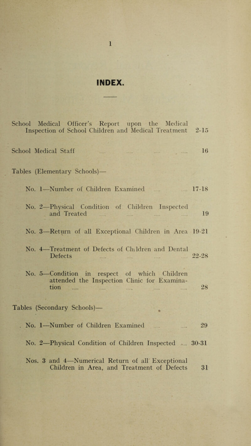 INDEX. School Medical Officer’s Report upon the Medical Inspection of School Children and Medical Treatment 2-15 School Medical Staff 16 Tables (Elementary Schools)— No. 1—Number of Children Examined ... 17-18 No. 2—Physical Condition of Children Inspected and Treated 19 No. 3—Return of all Exceptional Children in Area 19-21 No. 4—Treatment of Defects of Children and Dental Defects 22-28 No. 5—Condition in respect of which Children attended the Inspection Clinic for Examina- tion 28 Tables (Secondary Schools)— . No. 1—Number of Children Examined 29 No. 2—Physical Condition of Children Inspected 30-31 Nos. 3 and 4—Numerical Return of all Exceptional Children in Area, and Treatment of Defects 31