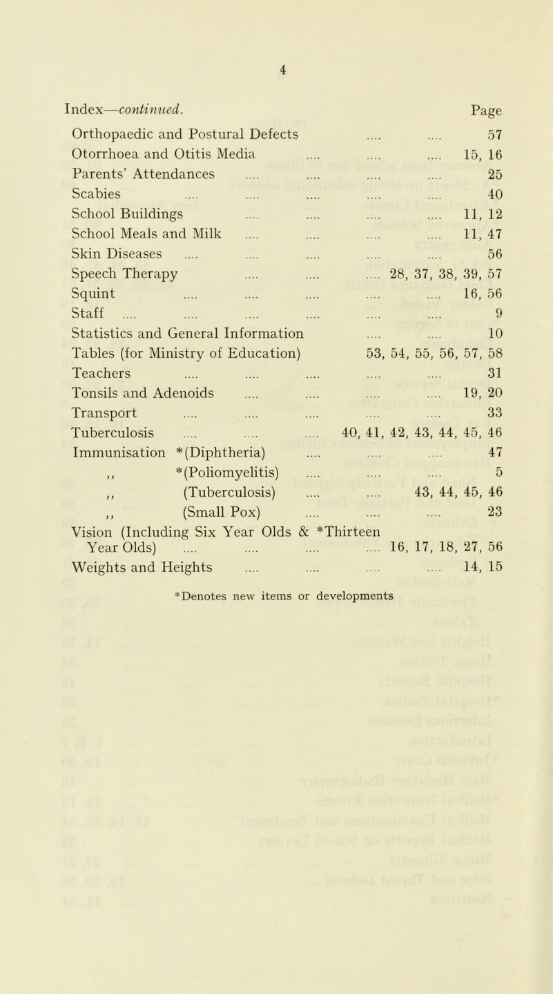 Index—continued. Page Orthopaedic and Postural Defects 57 Otorrhoea and Otitis Media .... 15, 16 Parents’ Attendances 25 Scabies 40 School Buildings .... 11, 12 School Meals and Milk .... 11, 47 Skin Diseases 56 Speech Therapy .... 28, 37, 38, 39, 57 Squint .... 16, 56 Staff 9 Statistics and General Information 10 Tables (for Ministry of Education) 53, 54, 55, 56, 57, 58 Teachers 31 Tonsils and Adenoids .... 19, 20 Transport 33 Tuberculosis 40, 41, 42, 43, 44, 45, 46 Immunisation * (Diphtheria) 47 ,, * (Poliomyelitis) 5 ,, (Tuberculosis) 43, 44, 45, 46 ,, (Small Pox) 23 Vision (Including Six Year Olds & *Thirteen Year Olds) .... 16, 17, 18, 27, 56 Weights and Heights .... 14, 15 * Denotes new items or developments