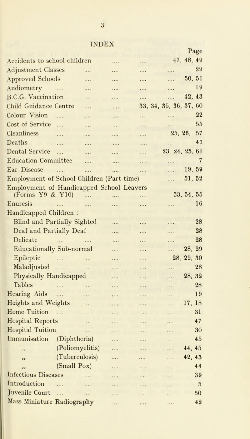 INDEX Accidents to school children Page 47, 48, 49 Adjustment Classes 29 Approved Schools .... 50, 51 Audiometry 19 B.C.G. Vaccination .... 42, 43 Child Guidance Centre 33, 34, 35, 36, 37, 60 Colour Vision 22 Cost of Service .... 55 Cleanliness 25, 26, 57 Deaths 47 Dental Service .... 23 24, 25, 61 Education Committee 7 Ear Disease .... 19, 59 Employment of School Children (Part-time) .... 51, 52 Employment of Handicapped School Leavers (Forms Y9 & Y10) 53, 54, 55 Enuresis 16 Handicapped Children : Blind and Partially Sighted 28 Deaf and Partially Deaf 28 Delicate 28 Educationally Sub-normal .... 28, 29 Epileptic 28, 29, 30 Maladjusted .... 28 Physically Handicapped .... 28, 32 Tables 28 Hearing Aids 19 Heights and Weights .... 17, 18 Home Tuition 31 Hospital Reports 47 Hospital Tuition 30 Immunisation (Diphtheria) 45 ,, (Poliomyelitis) .... 44, 45 „ (Tuberculosis) 42, 43 ,, (Small Pox) 44 Infectious Diseases 39 Introduction 5 Juvenile Court .... 50 Mass Miniature Radiography 42