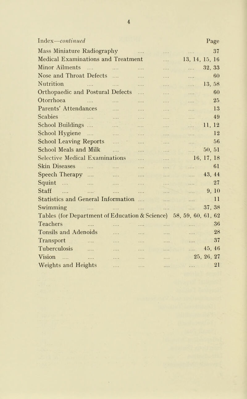 Index—continued Mass Miniature Radiography Medical Examinations and Treatment Minor Ailments .... Nose and Throat Defects .... Nutrition Orthopaedic and Postural Defects .... Otorrhoea Parents’ Attendances Scabies School Buildings .... School Hygiene .... School Leaving Reports School Meals and Milk Selective Medical Examinations Skin Diseases Speech Therapy .... Squint .... Staff Statistics and General Information .... Swimming Tables (for Department of Education & Science) Teachers Tonsils and Adenoids Transport Tuberculosis Vision Weights and Heights Page 37 13, 14, 15, 16 .... 32, 33 60 13, 58 60 25 13 49 11, 12 12 56 . . 50, 51 16, 17, 18 61 . .. 43, 44 27 9, 10 11 .... 37, 38 58, 59, 60, 61, 62 36 28 37 45, 46 25, 26, 27 21