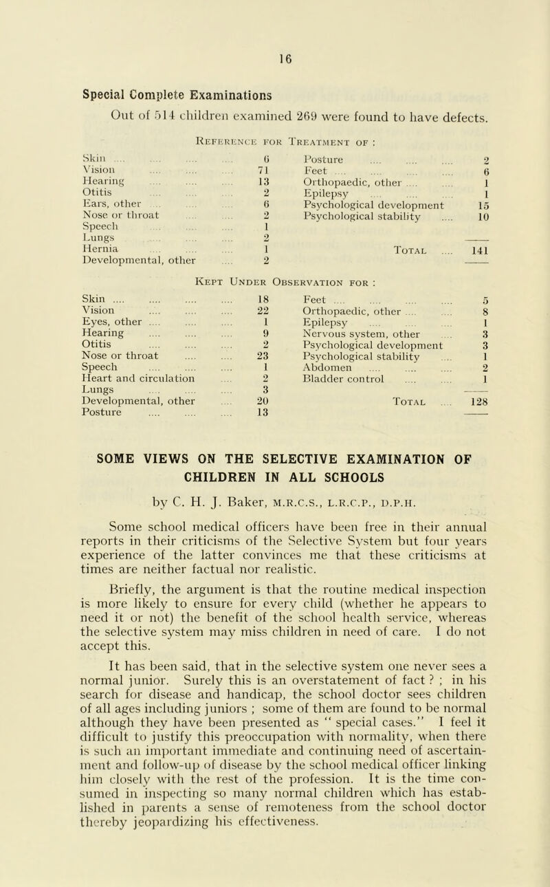 Special Complete Examinations Out of 514 children examined 269 were found to have defects. Reference for Treatment of : Skin .... G Posture 2 Vision 71 Feet .... 6 Hearing 13 Orthopaedic, other 1 Otitis 2 Epilepsy 1 Ears, other 6 Psychological development 15 Nose, or tliroat 2 Psychological stability 10 Speech i Lungs 2 Hernia i Total 141 Developmental, other 2 Kept Under Observation for : Skin .... 18 Feet .... 5 Vision 22 Orthopaedic, other 8 Eyes, other .... 1 Epilepsy 1 Hearing 9 Nervous system, other 3 Otitis 2 Psychological development 3 Nose or throat 23 Psychological stability 1 Speech 1 Abdomen 2 Heart and circulation 2 Bladder control i Lungs 3 — Developmental, other 20 Total 128 Posture 13 SOME VIEWS ON THE SELECTIVE EXAMINATION OF CHILDREN IN ALL SCHOOLS by C. H. J. Baker, m.r.c.s., l.r.c.p., d.p.h. Some school medical officers have been free in their annual reports in their criticisms of the Selective System but four years experience of the latter convinces me that these criticisms at times are neither factual nor realistic. Briefly, the argument is that the routine medical inspection is more likely to ensure for every child (whether he appears to need it or not) the benefit of the school health service, whereas the selective system may miss children in need of care. I do not accept this. It has been said, that in the selective system one never sees a normal junior. Surely this is an overstatement of fact ? ; in his search for disease and handicap, the school doctor sees children of all ages including juniors ; some of them are found to be normal although they have been presented as “ special cases.” I feel it difficult to justify this preoccupation with normality, when there is such an important immediate and continuing need of ascertain- ment and follow-up of disease by the school medical officer linking him closely with the rest of the profession. It is the time con- sumed in inspecting so many normal children which has estab- lished in parents a sense of remoteness from the school doctor thereby jeopardizing his effectiveness.