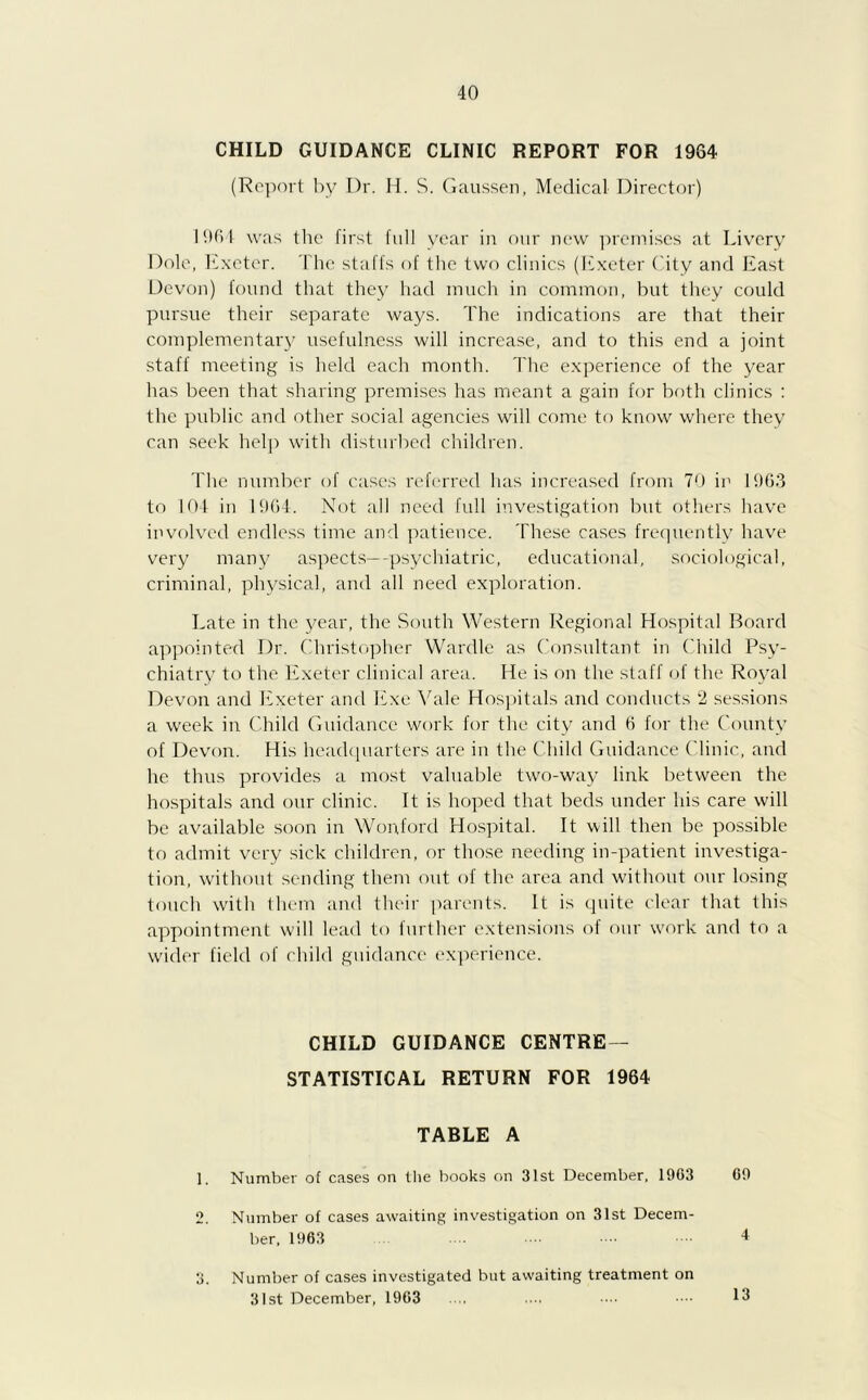 CHILD GUIDANCE CLINIC REPORT FOR 1964 (Report by Dr. H. S. Gaussen, Medical Director) 1964 was the first full year in our new premises at Livery Dole, Exeter. The staffs of the two clinics (Exeter City and East Devon) found that they had much in common, but they could pursue their separate ways. The indications are that their complementary usefulness will increase, and to this end a joint staff meeting is held each month. The experience of the year has been that sharing premises has meant a gain for both clinics : the public and other social agencies will come to know where they can seek help with disturbed children. The number of cases referred has increased from 70 in 1963 to 104 in 1964. Not all need full investigation but others have involved endless time and patience. These cases frequently have very many aspects—-psychiatric, educational, sociological, criminal, physical, and all need exploration. Late in the year, the South Western Regional Hospital Board appointed Dr. Christopher Wardle as Consultant in Child Psy- chiatry to the Exeter clinical area. He is on the staff of the Royal Devon and Exeter and Exe Vale Hospitals and conducts 2 sessions a week in Child Guidance work for the city and 6 for the County of Devon. His headquarters are in the Child Guidance Clinic, and he thus provides a most valuable two-way link between the hospitals and our clinic. It is hoped that beds under his care will be available soon in Won,ford Hospital. It will then be possible to admit very sick children, or those needing in-patient investiga- tion, without sending them out of the area and without our losing touch with them and their parents. It is quite clear that this appointment will lead to further extensions of our work and to a wider field of child guidance experience. CHILD GUIDANCE CENTRE- STATISTICAL RETURN FOR 1964 TABLE A 1. Number of cases on the books on 31st December, 1903 69 2. Number of cases awaiting investigation on 31st Decem- ber, 1963 3. Number of cases investigated but awaiting treatment on 31st December, 19G3 13