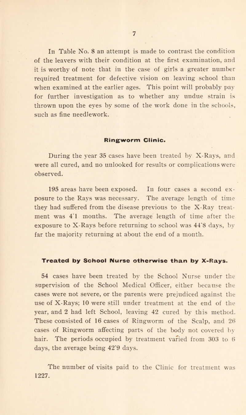 In Table No. 8 an attempt is made to contrast the condition of the leavers with their condition at the first examination, and it is worthy of note that in the case of girls a greater number required treatment for defective vision on leaving school than wffien examined at the earlier ages. This point will probably pay for further investigation as to whether any undue strain is throwm upon the eyes by some of the work done in the schools, such as fine needlework. Ringworm Clinic. During the year 35 cases have been treated by X-Rays, and were all cured, and no unlooked for results or complications were observed. 195 areas have been exposed. In four cases a second ex- posure to the Rays was necessary. The average length of time they had suffered from the disease previous to the X-Ray treat- ment was 41 months. The average length of time after the exposure to X-Rays before returning to school was 44'8 days, by far the majority returning at about the end of a month. Treated toy School Nurse otherwise than toy X-Rays, 54 cases have been treated by the School Nurse under the supervision of the School Medical Officer, either because the cases were not severe, or the parents were prejudiced against the use of X-Rays; 10 were still under treatment at the end of the year, and 2 had left School, leaving 42 cured by this method. These consisted of 16 cases of Ringworm of the Scalp, and 26 cases of Ringworm affecting parts of the body not covered by hair. The periods occupied by treatment varied from 303 to 6 days, the average being 42'9 days. The number of visits paid to the Clinic for treatment wras 1227,
