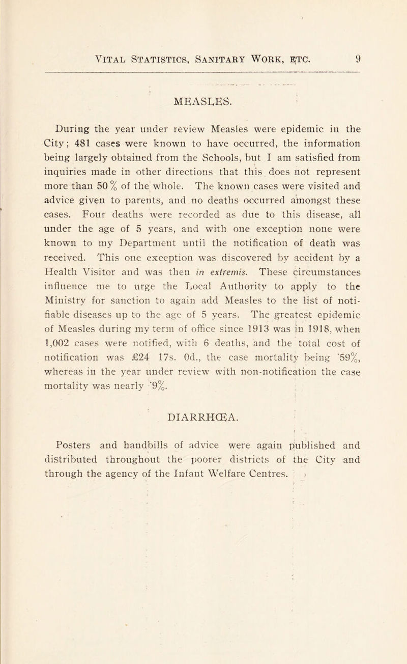 MKASIvES. During the year under review Measles were epidemic in the City; 481 cases were known to have occurred, the information being largely obtained from the Schools, but I am satisfied from inquiries made in other directions that this does not represent more than 50% of the whole. The known cases were visited and advice given to parents, and no deaths occurred alnongst these cases. Four deaths were recorded as due to this disease, all under the age of 5 years, and with one exception none were known to my Department until the notification of death was received. This one exception was discovered by accident by a Health Visitor and was then in extremis. These circumstances influence me to urge the Local Authority to apply to the Ministry for sanction to again add Measles to the list of noti- fiable diseases up to the age of 5 years. The greatest epidemic of Measles during my term of office since 1913 was in 1918, when 1,002 cases were notified, with 6 deaths, and the total cost of notification was £24 17s. Od., the case mortality being ’59%, whereas in the year under review with non-notification the case mortality was nearly ‘9%. DIARRHGFA. Posters and handbills of advice were again published and distributed throughout the poorer districts of the City and through the agency of the Infant Welfare Centres.