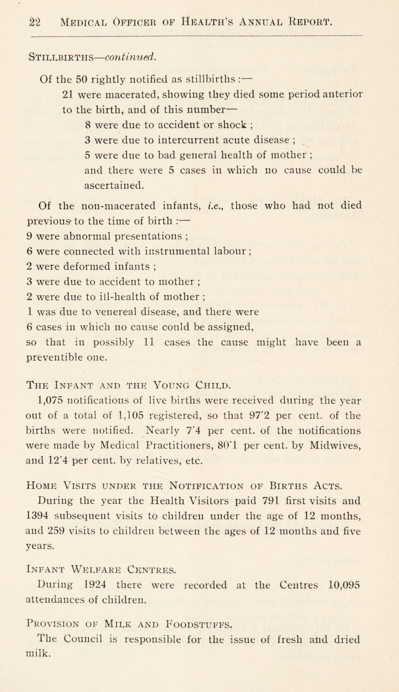 Stillbirths—continued. Of the 50 rightly notified as stillbirths :— 21 were macerated, showing they died some period anterior to the birth, and of this number— 8 were due to accident or shock ; 3 were due to iutercurrent acute disease ; 5 were due to bad general health of mother ; and there were 5 cases in which no cause could be ascertained. Of the lion-macerated infants, i.e., those who had not died previous” to the time of birth :— 9 were abnormal presentations ; 6 were connected with instrumental labour; 2 were deformed infants ; 3 were due to accident to mother ; 2 were due to ill-health of mother ; 1 was due to venereal disease, and there were 6 cases in which no cause could be assigned, so that in possibly 11 cases the cause might have been a preventible one. The Infant and the Young Child. 1,075 notifications of live births were received during the year out of a total of 1,105 registered, so that 97‘2 per cent, of the births were notified. Nearly 7‘4 per cent, of the notifications were made by Medical Practitioners, 80'1 per cent, by Midwives, and 12*4 per cent, by relatives, etc. Home Visits under the Notification of Births Acts. During the year the Health Visitors paid 791 first visits and 1394 subsequent visits to children under the age of 12 months, and 259 visits to children between the ages of 12 months and five years. Infant Welfare Centres. During 1924 there were recorded at the Centres 10,095 attendances of children. Provision of Milk and Foodstuffs. The Council is responsible for the issue of fresh and dried milk.